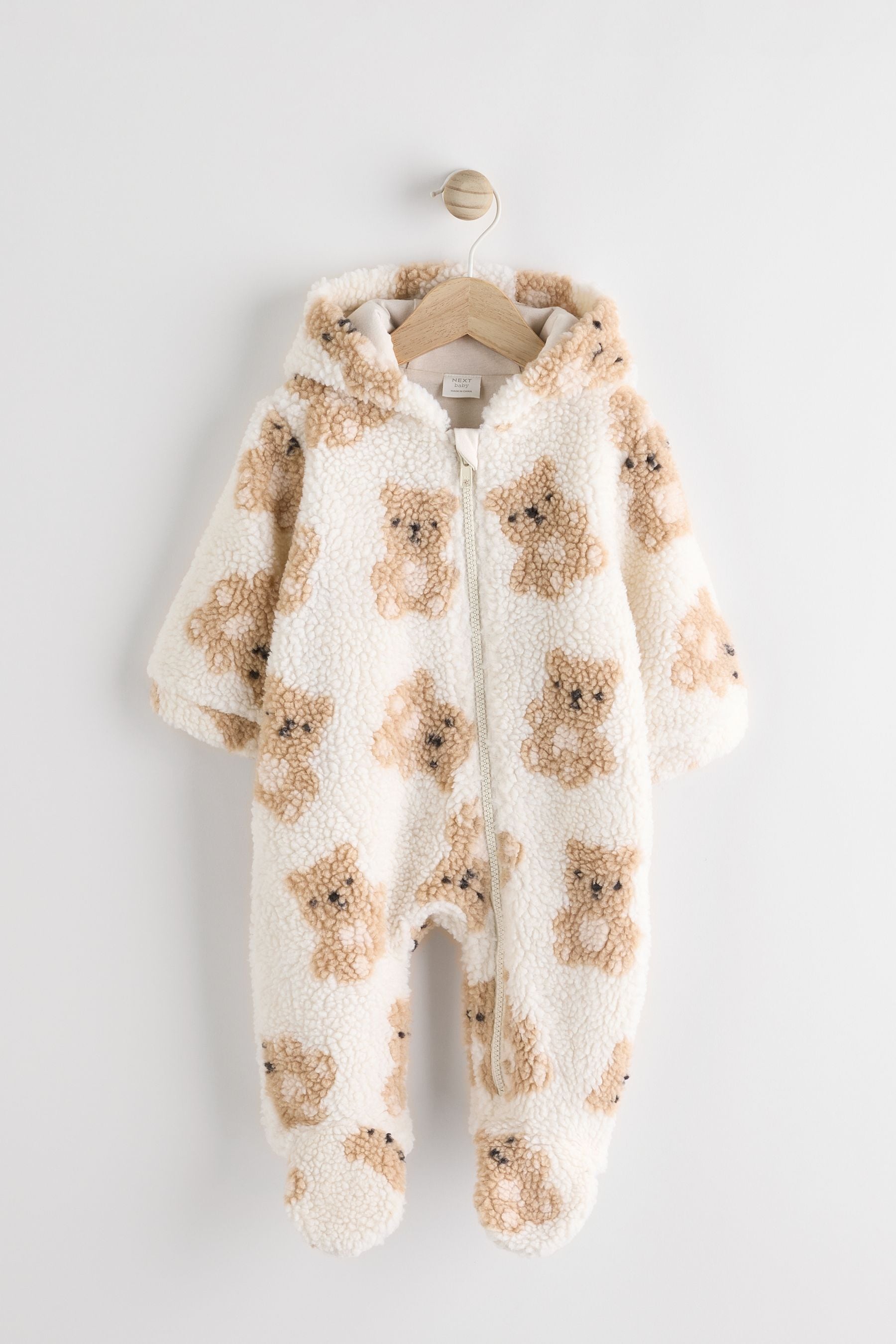 Ecru/Tan Bear Print Baby Cosy Fleece All-In-One (0mths-2yrs)