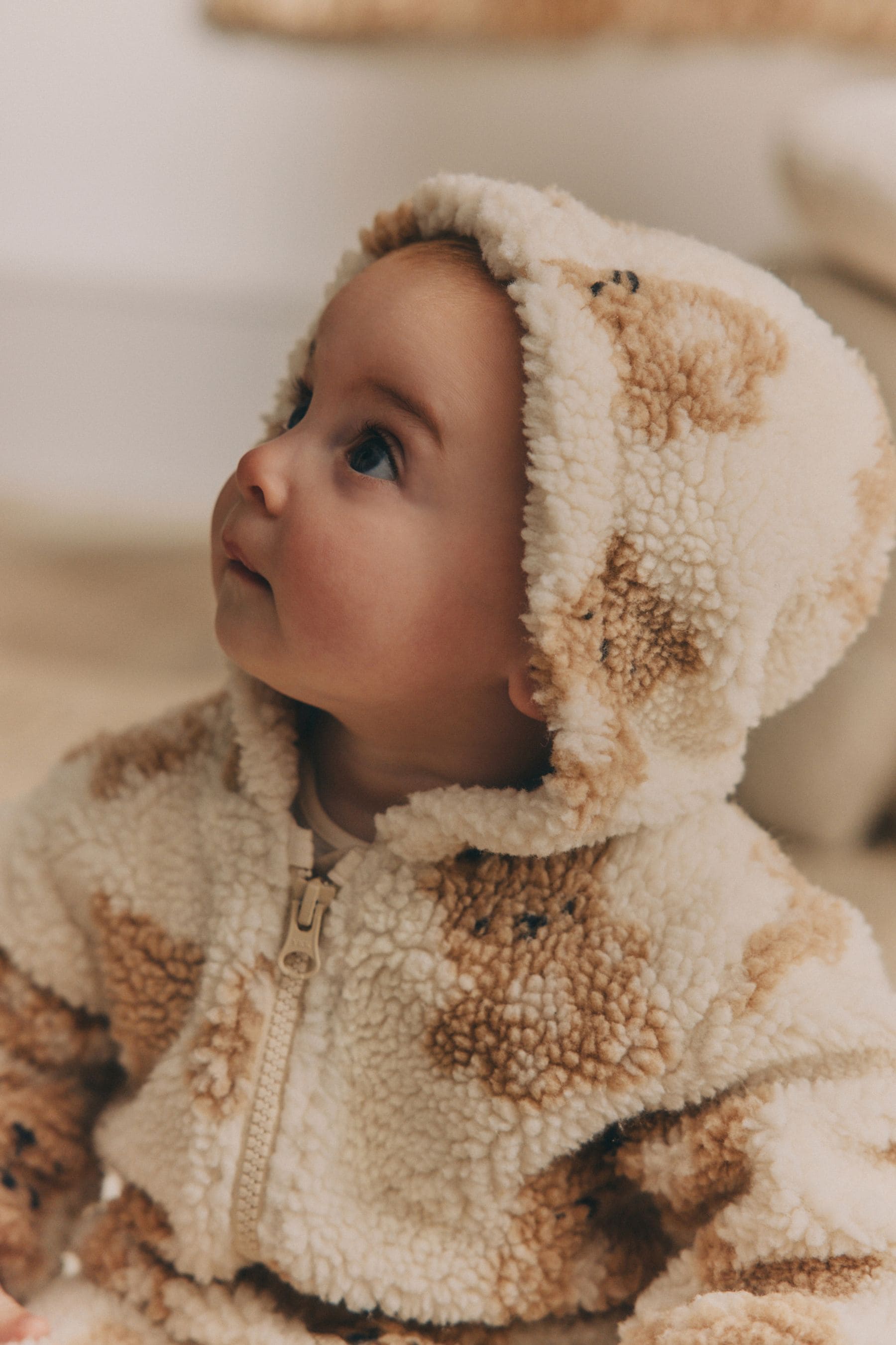 Ecru/Tan Bear Print Baby Cosy Zip Lined Hooded Fleece All-In-One (0mths-2yrs)