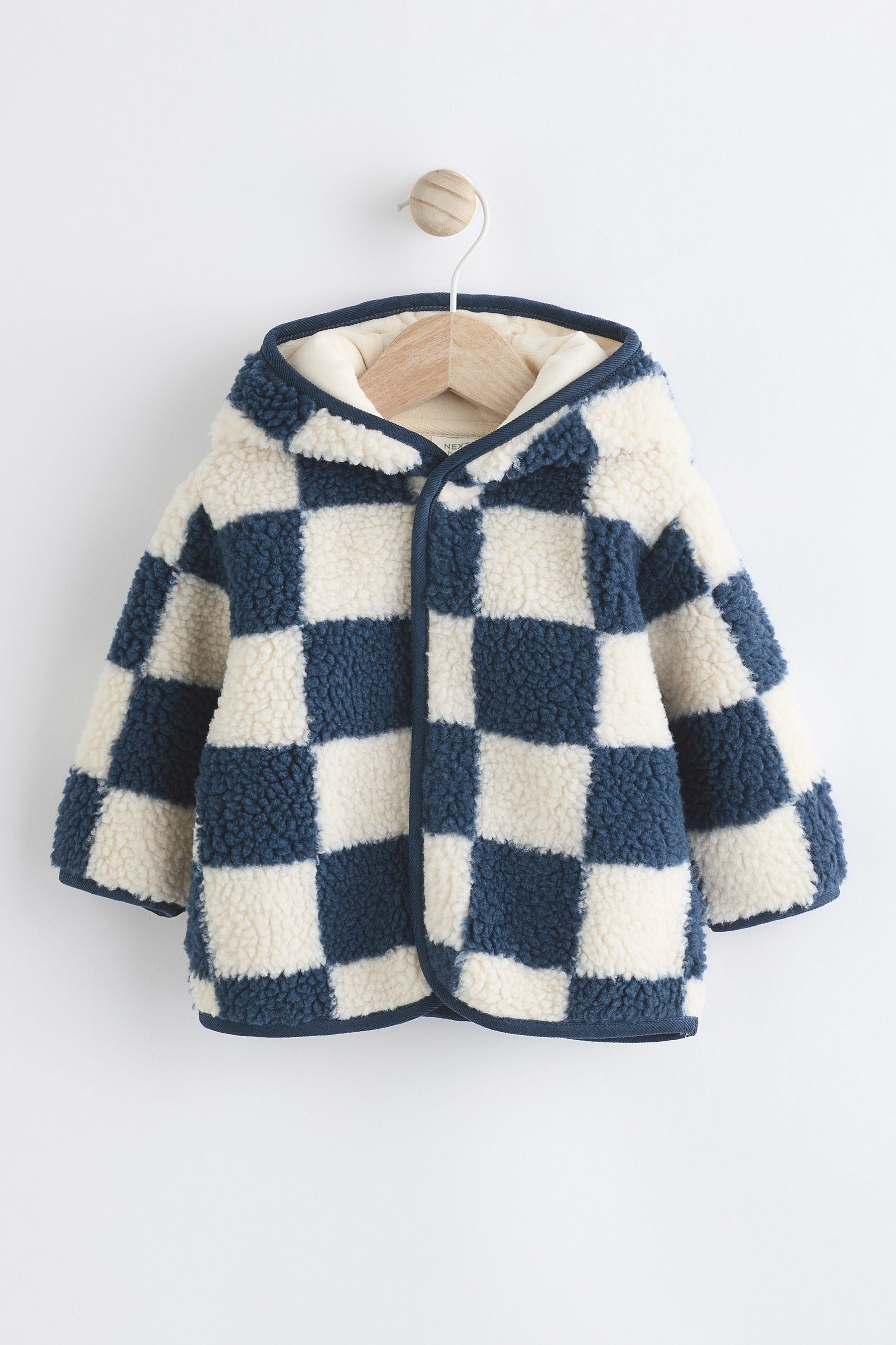 Navy Blue Checkerboard Baby Borg Hooded Fleece Jacket (0mths-2yrs)