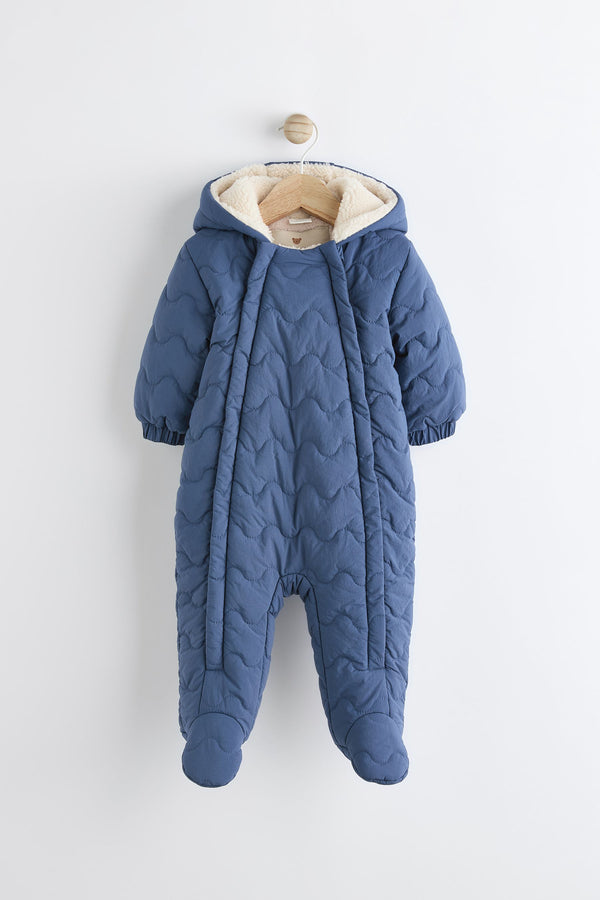 Navy Blue Baby Quilted Fleece Zip Lined Hooded All-In-One Pramsuit (0-18mths)