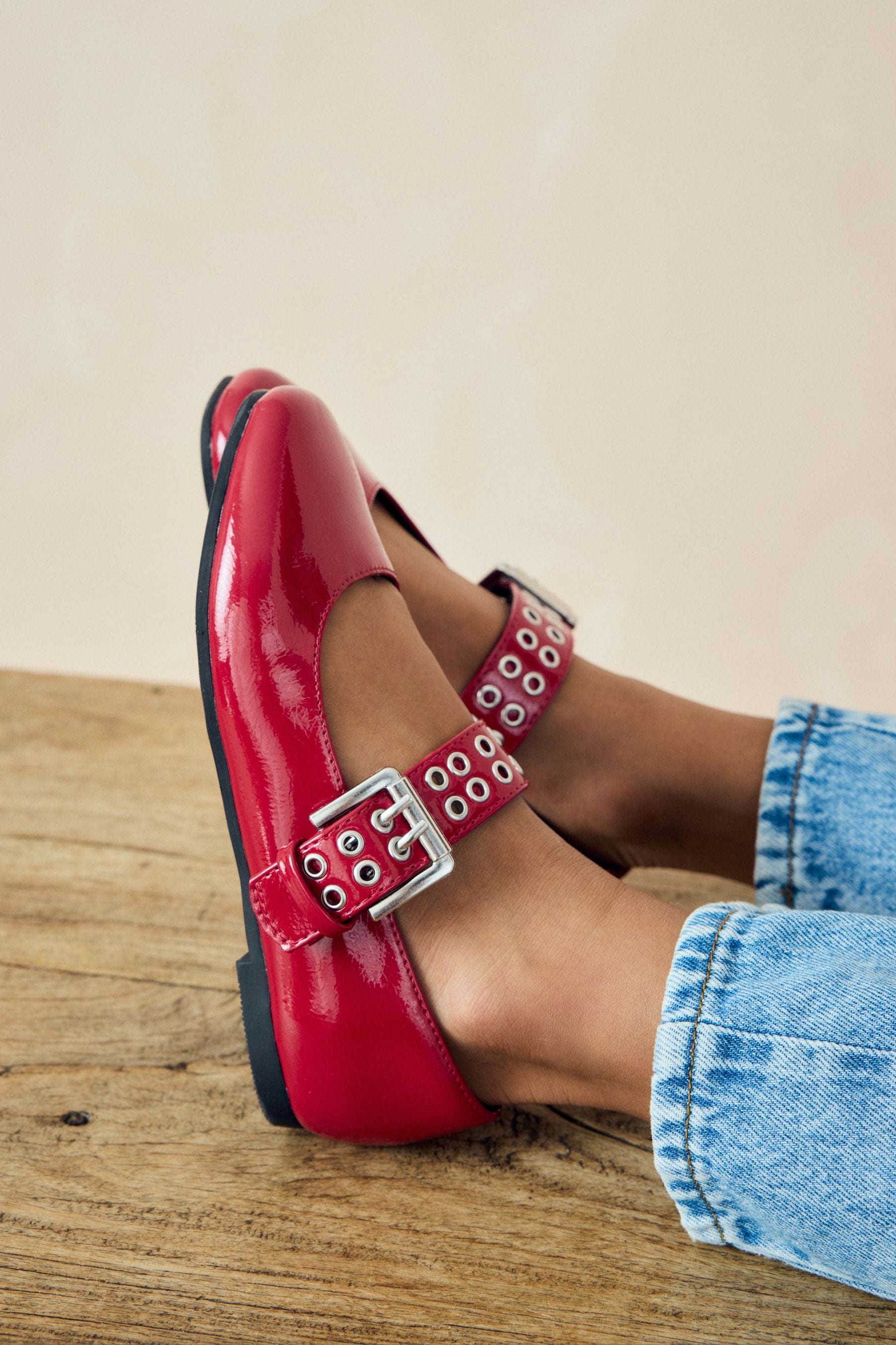 Red Stud Strap Mary Jane Shoes