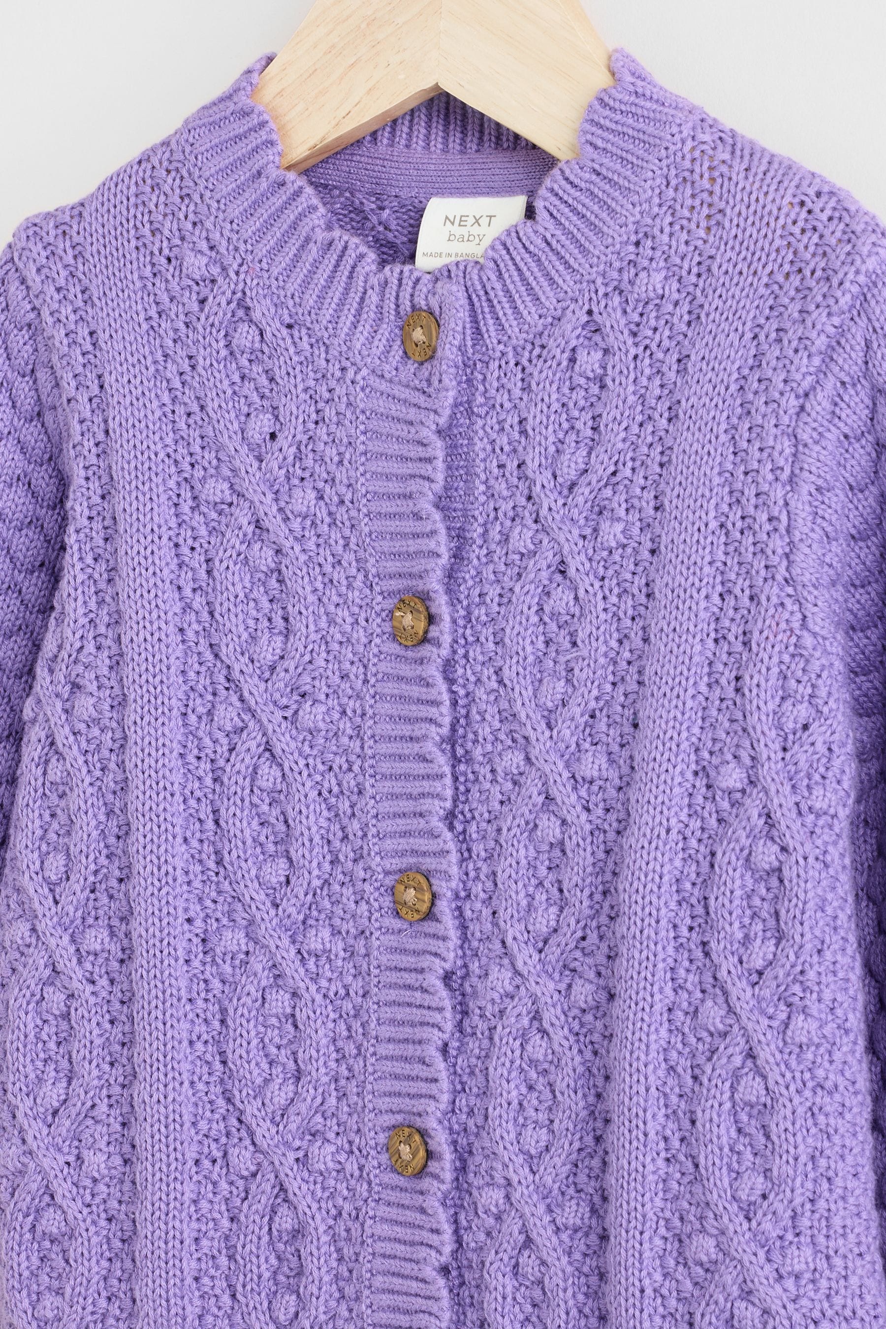 Purple Baby Knitted Bobble 100% Cotton Cardigan (0mths-2yrs)