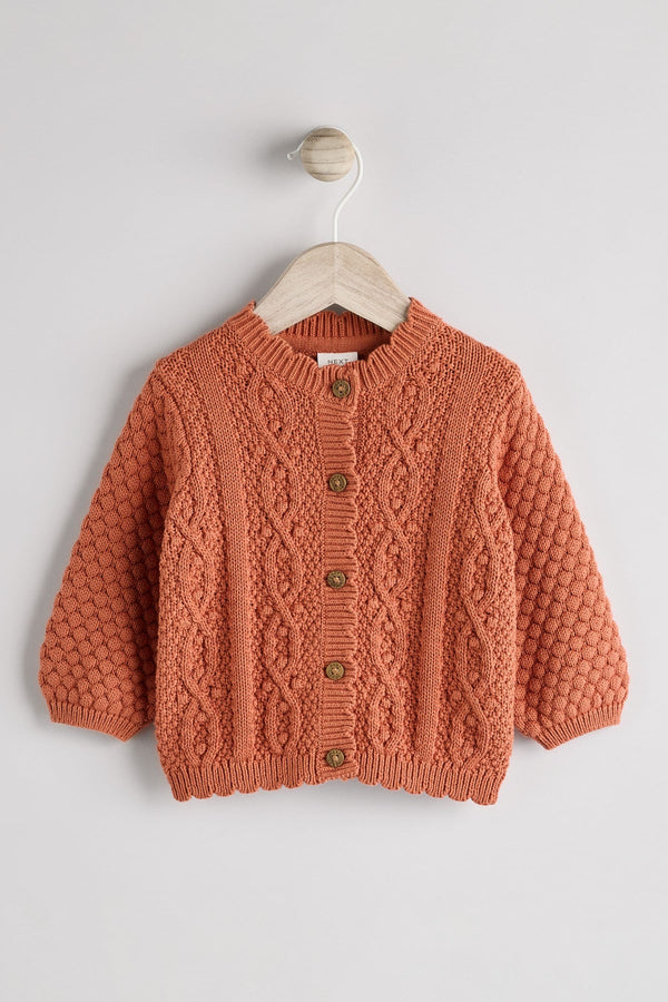 Rust Brown Baby Knitted Bobble 100% Cotton Cardigan (0mths-2yrs)