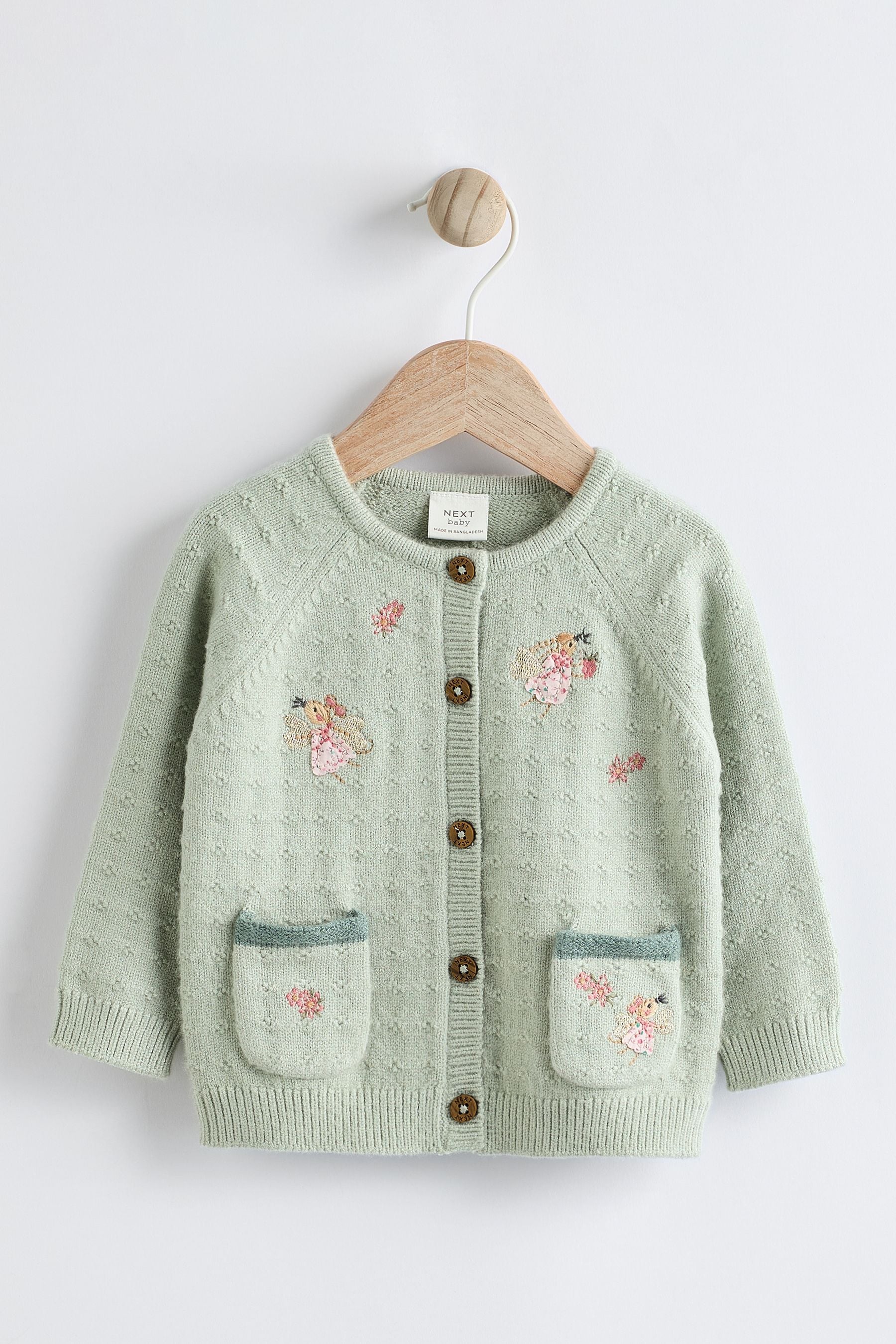 Sage Green Fairy Embroidered Baby Knitted Cardigan (0mths-3yrs)