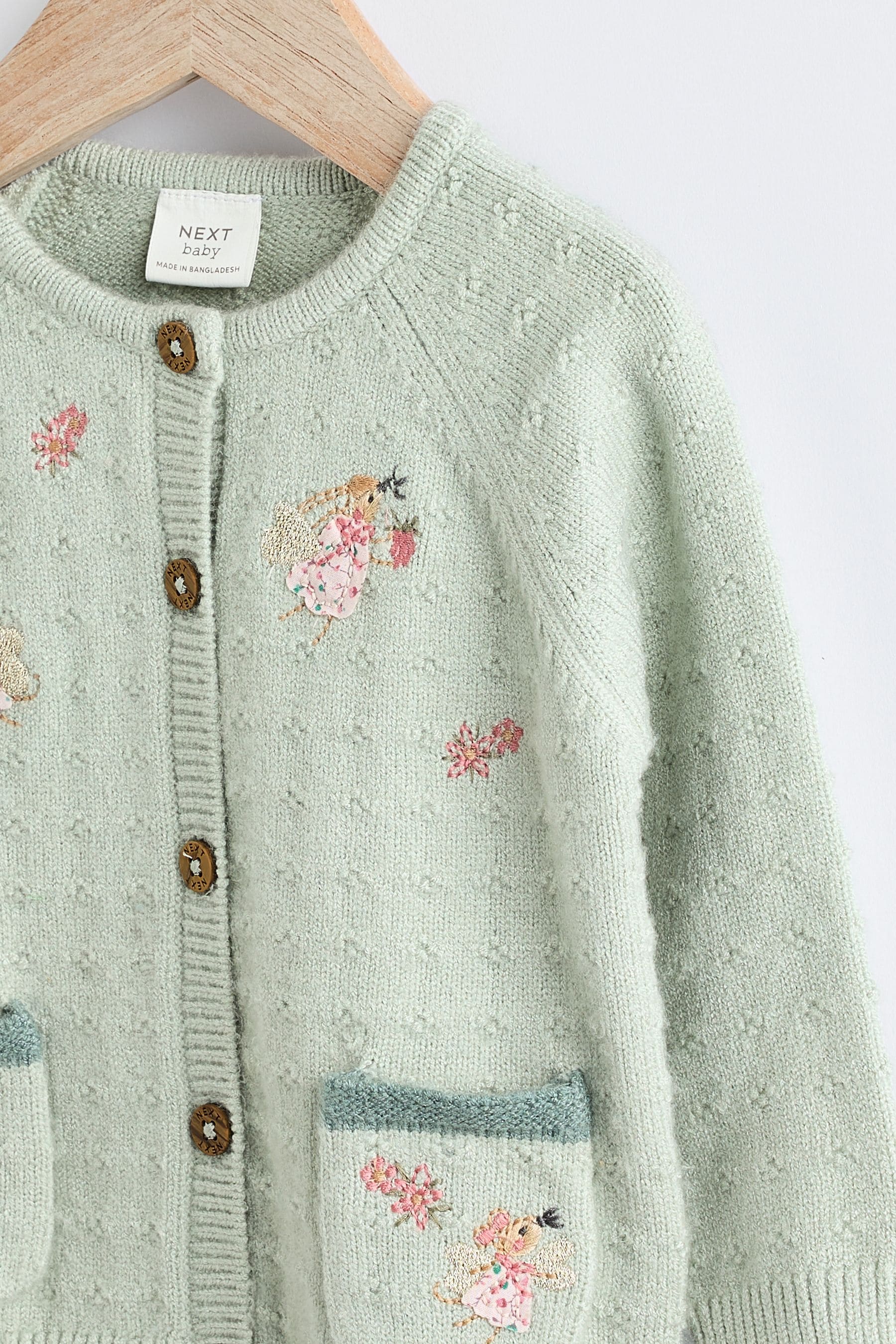 Sage Green Fairy Embroidered Baby Knitted Cardigan (0mths-3yrs)