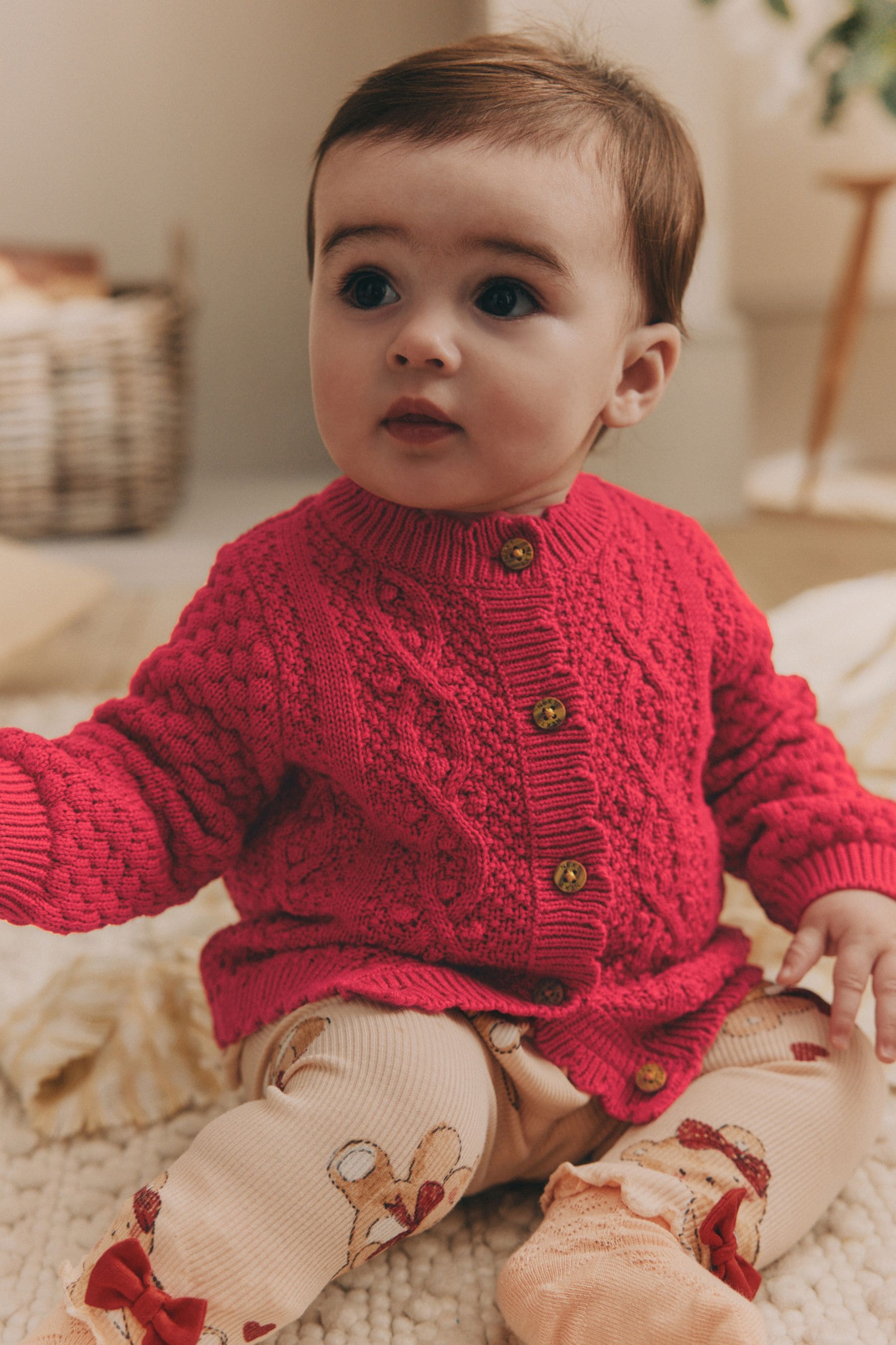 Red Baby Knitted Bobble 100% Cotton Cardigan (0mths-2yrs)