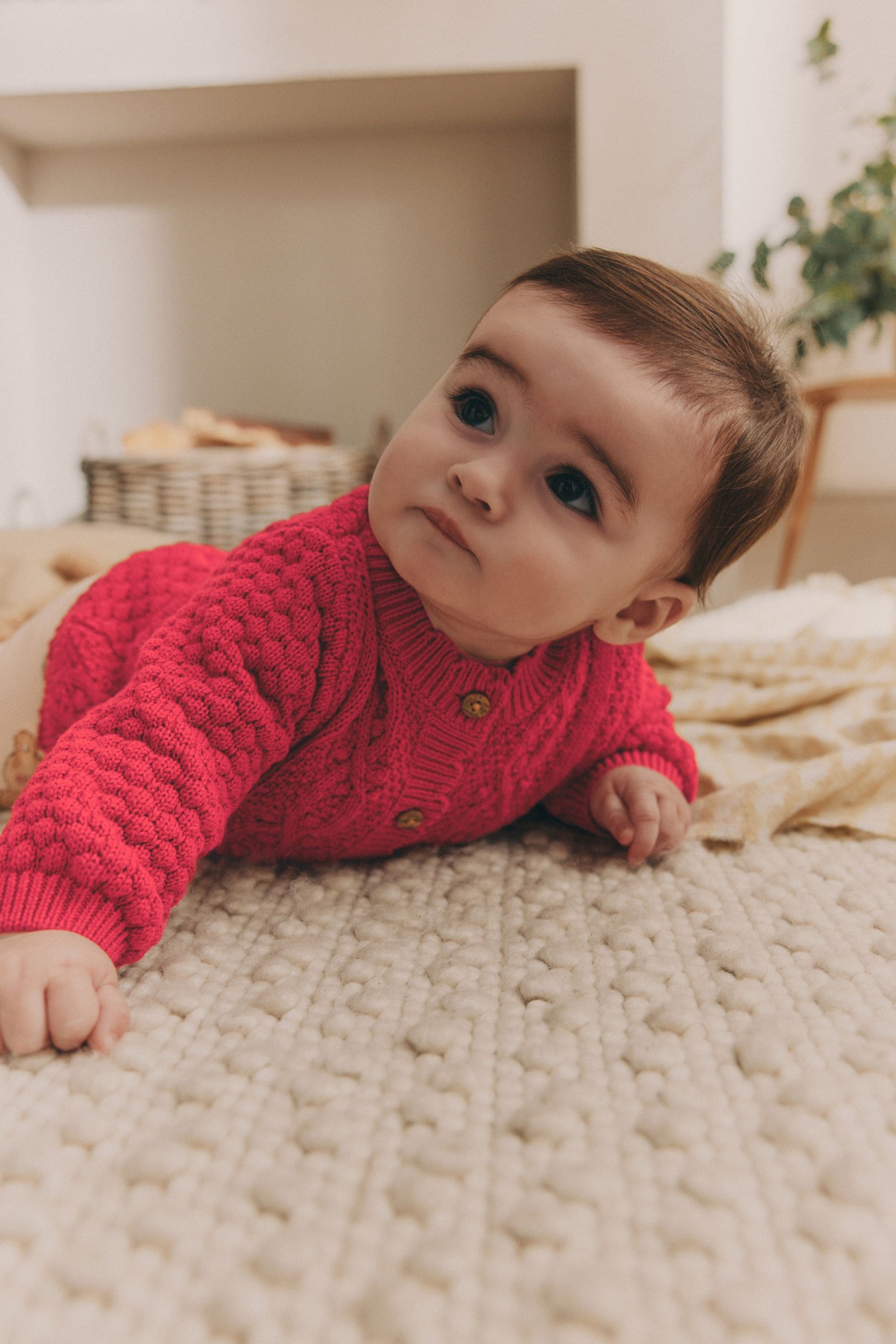 Red Baby Knitted Bobble 100% Cotton Cardigan (0mths-2yrs)