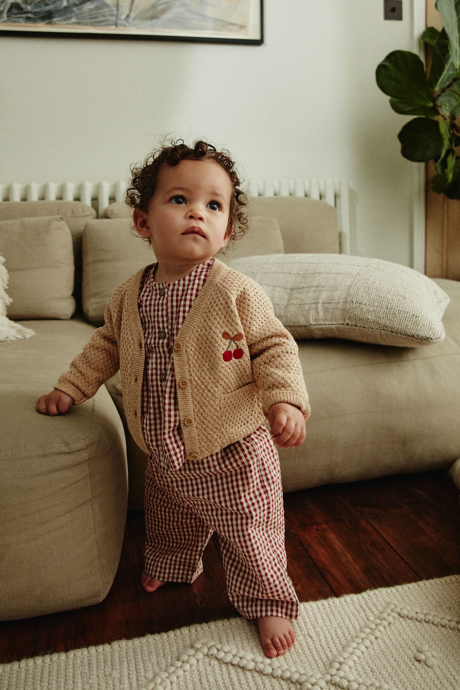 Tan Brown Cherry Embroidered Baby Knitted Cardigan (0mths-3yrs)