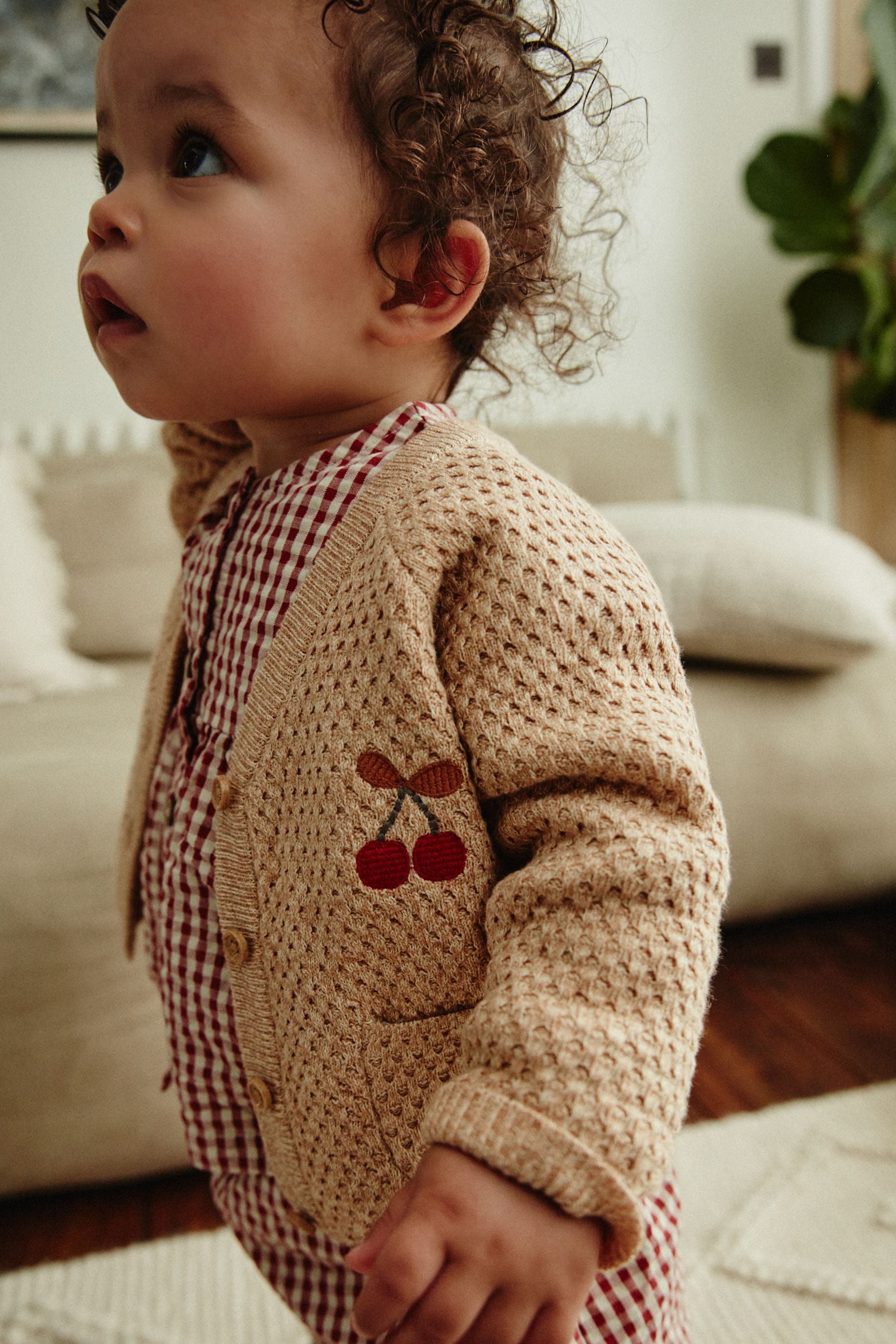 Tan Brown Cherry Embroidered Baby Knitted Cardigan (0mths-3yrs)