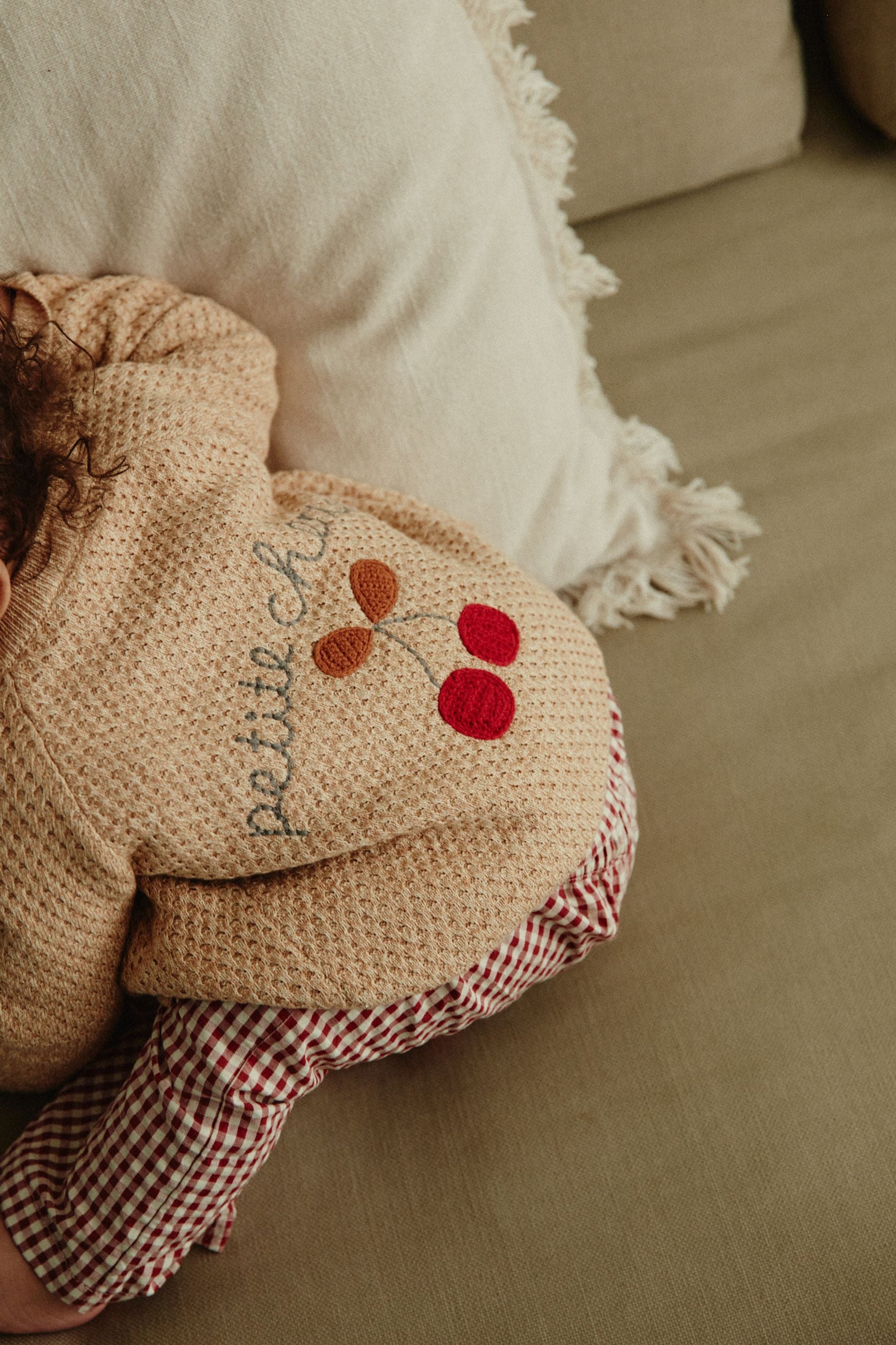 Tan Brown Cherry Embroidered Baby Knitted Cardigan (0mths-3yrs)