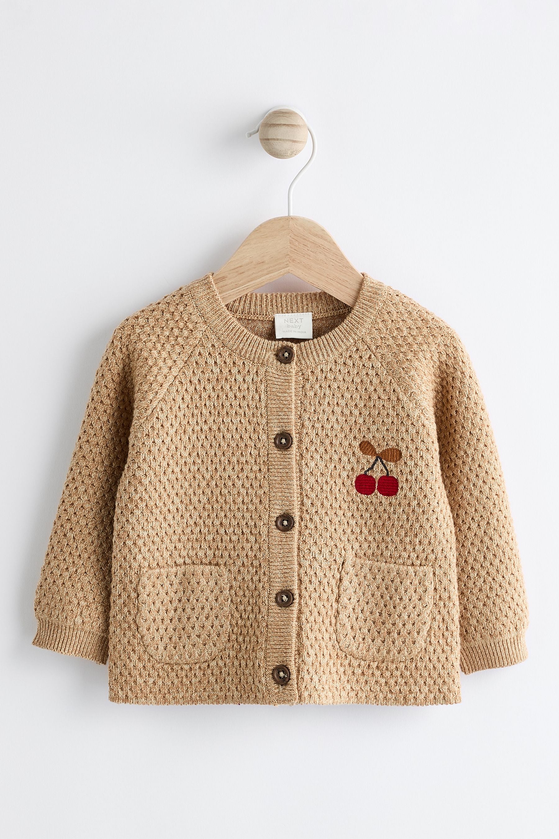 Tan Brown Cherry Embroidered Baby Knitted Cardigan (0mths-3yrs)