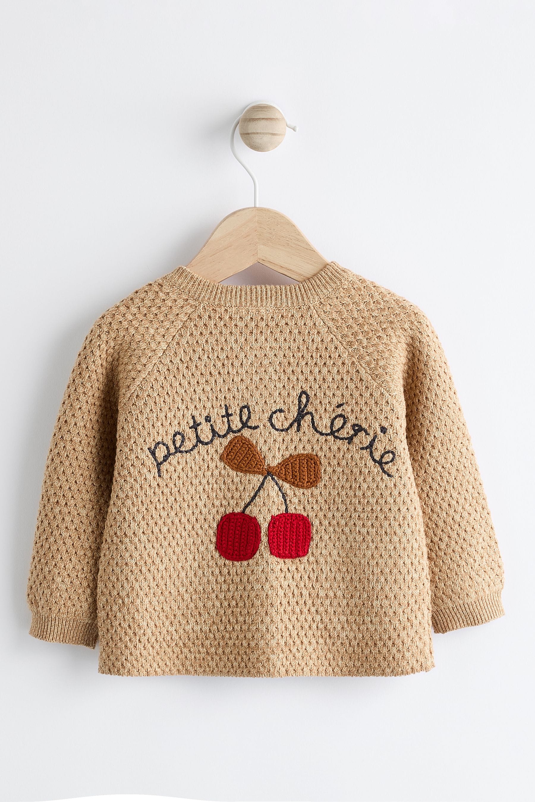 Tan Brown Cherry Embroidered Baby Knitted Cardigan (0mths-3yrs)