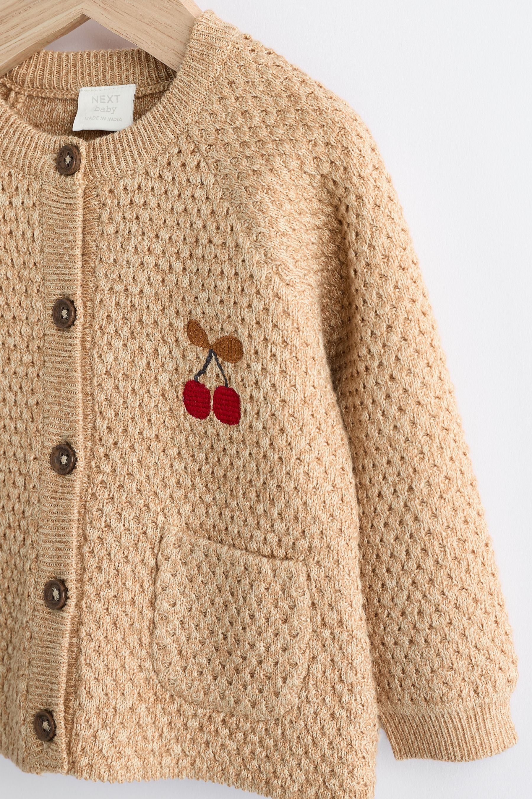 Tan Brown Cherry Embroidered Baby Knitted Cardigan (0mths-3yrs)