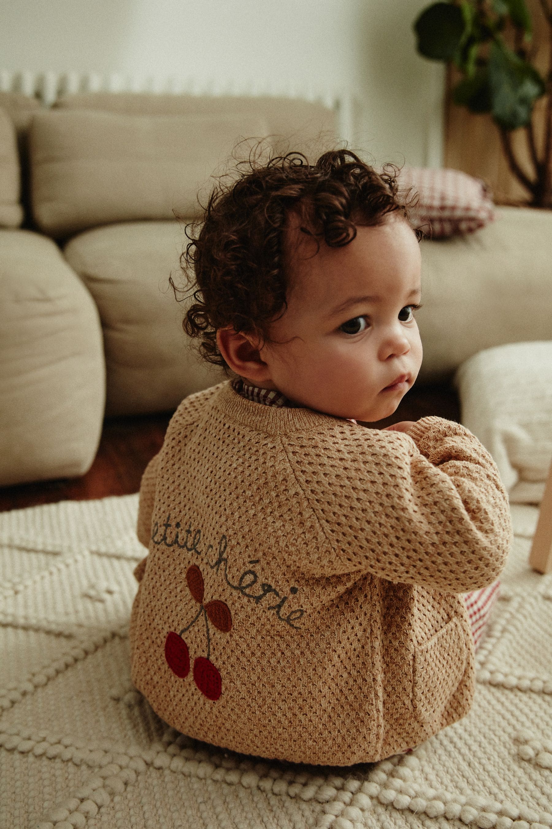 Tan Brown Cherry Embroidered Baby Knitted Cardigan (0mths-3yrs)