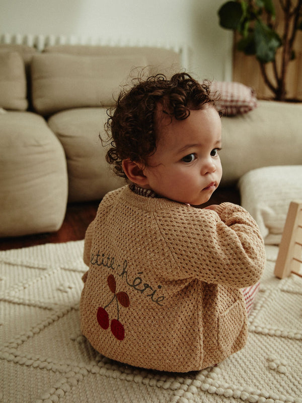 Tan Brown Baby Back Slogan Embroidered Knitted 100% Cotton Cardigan (0mths-2yrs)