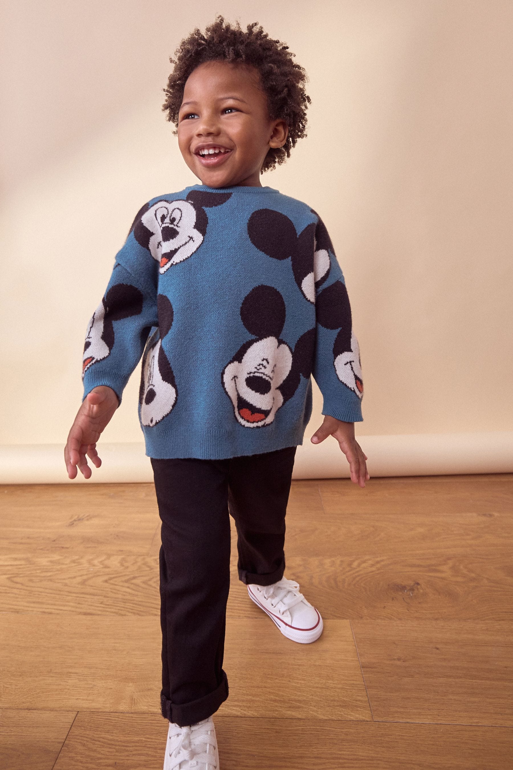 Teal Blue Mickey Mouse Knitted Crew Neck Jumper (3mths-7yrs)