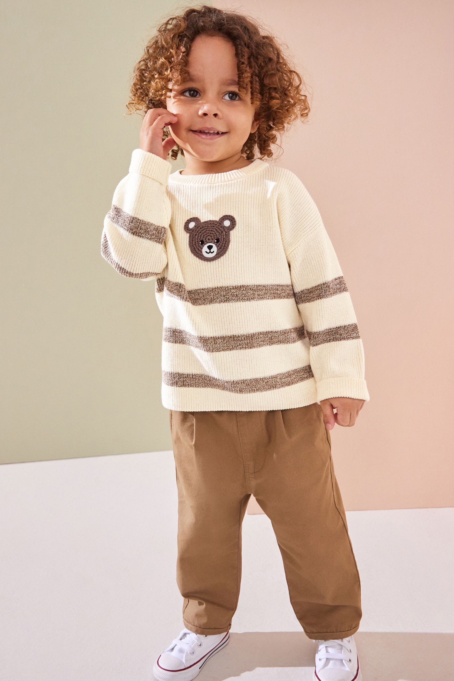 Ecru Cream/Brown Bear Stripe Knitted Crew Neck Jumper (3mths-7yrs)