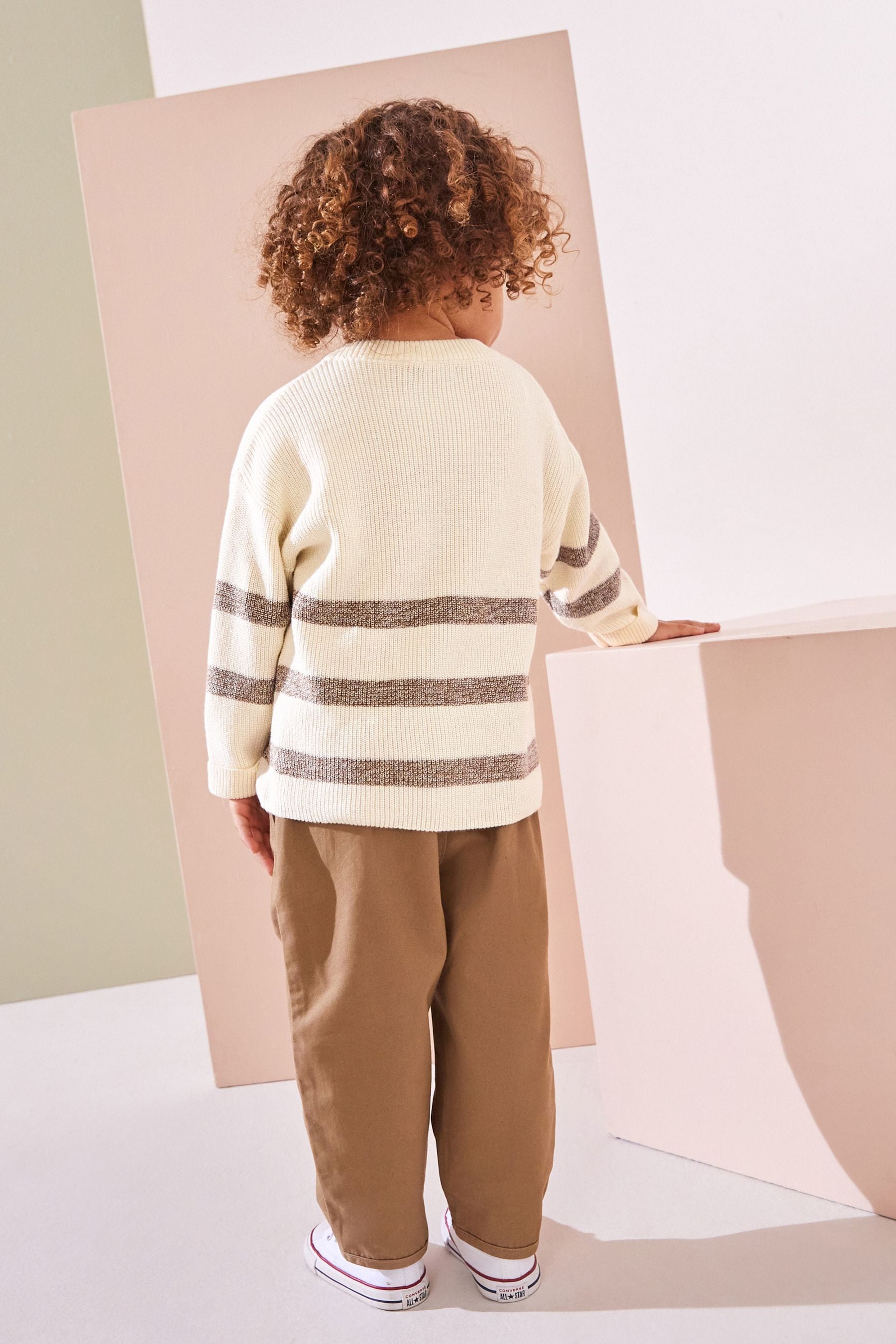 Ecru Cream/Brown Bear Stripe Knitted Crew Neck Jumper (3mths-7yrs)