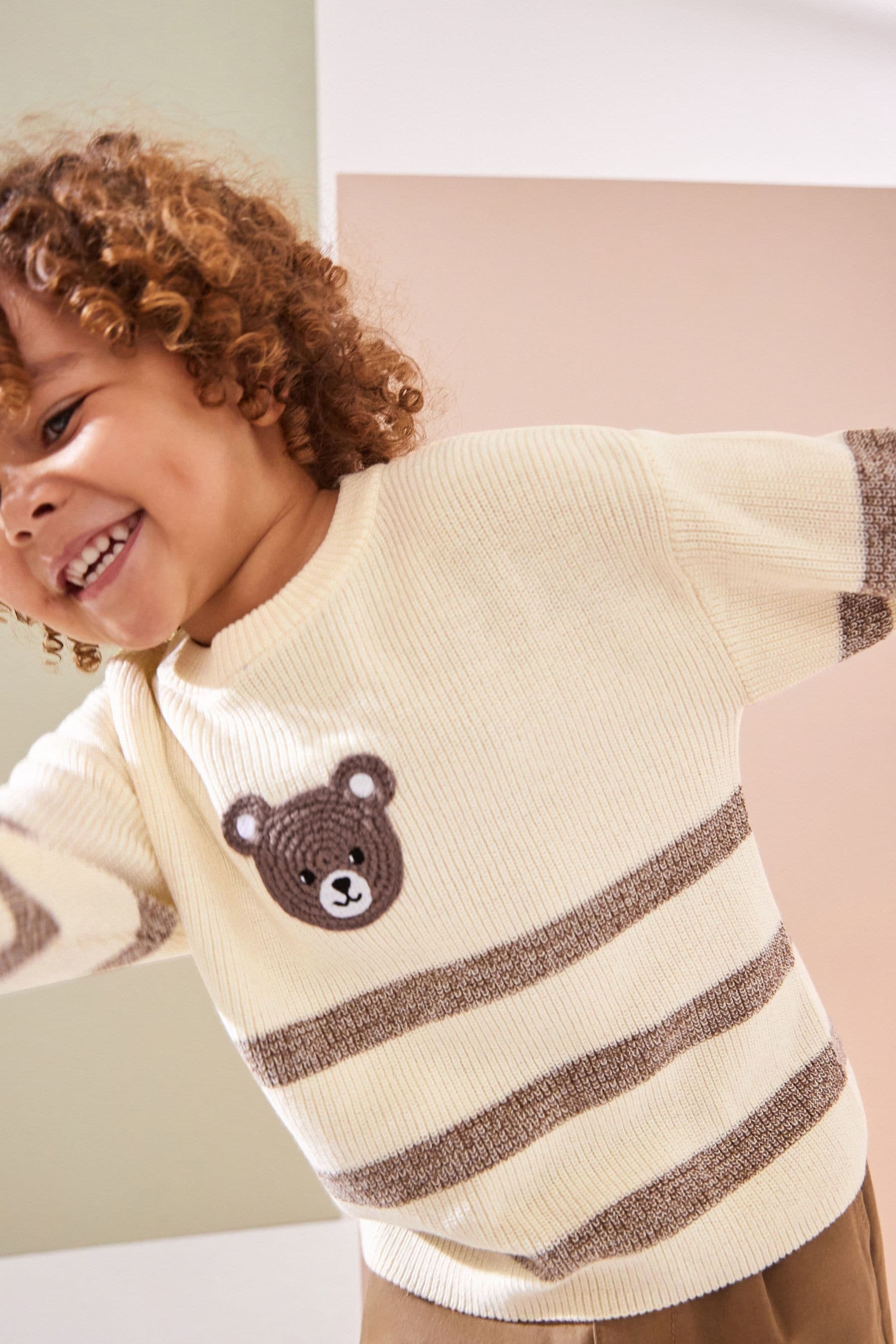 Ecru Cream/Brown Bear Stripe Knitted Crew Neck Jumper (3mths-7yrs)