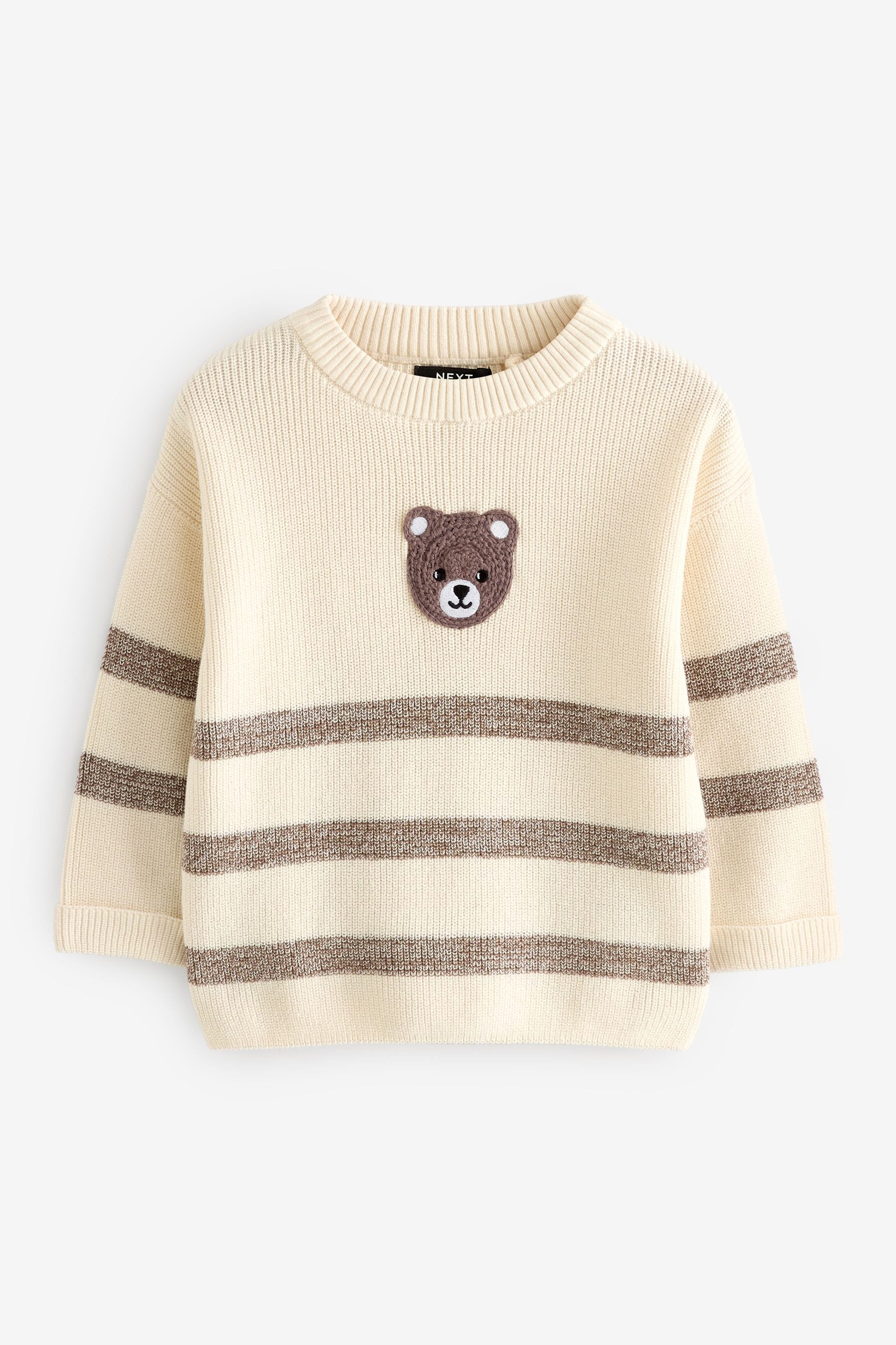 Ecru Cream/Brown Bear Stripe Knitted Crew Neck Jumper (3mths-7yrs)