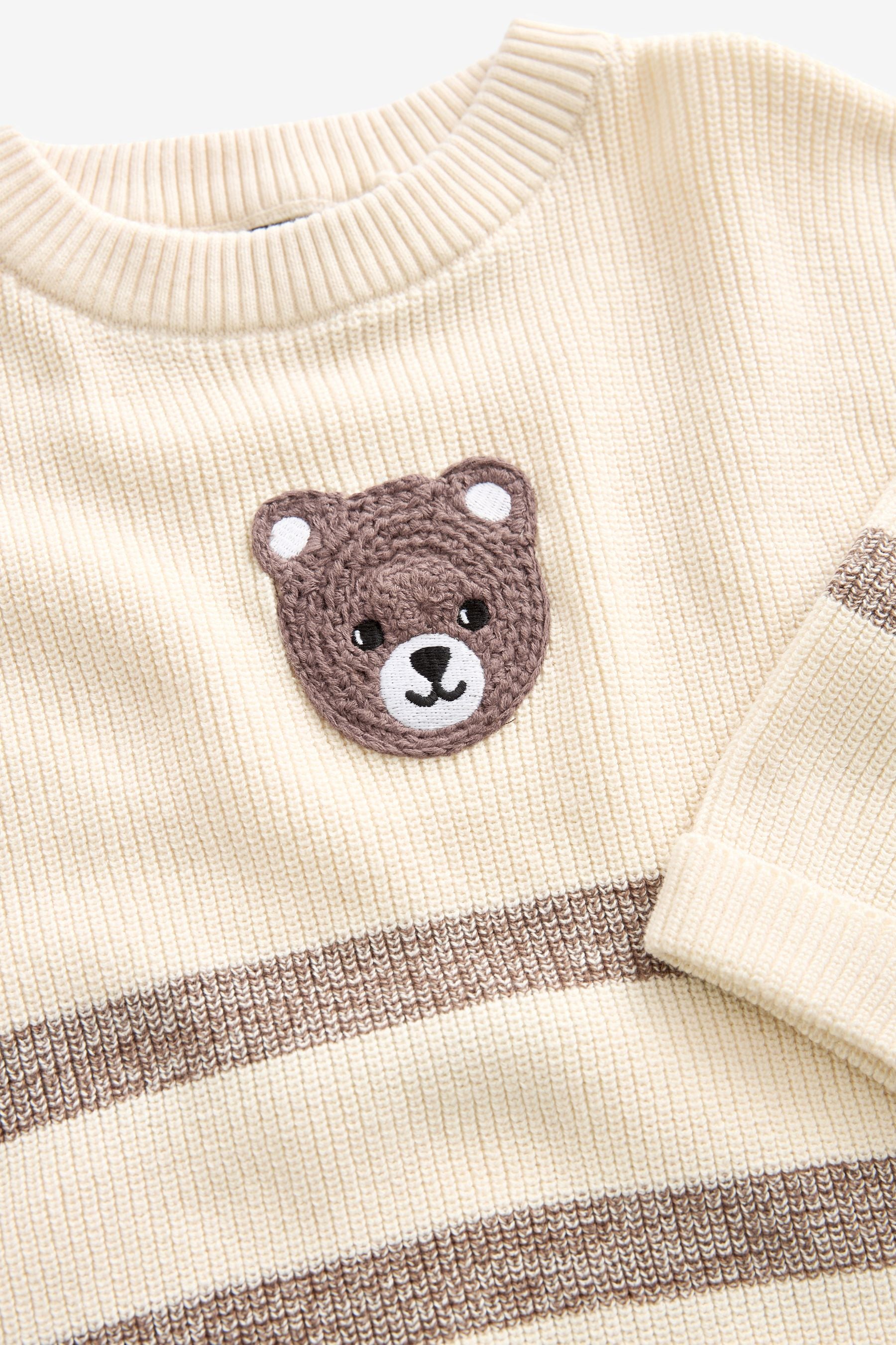 Ecru Cream/Brown Bear Stripe Knitted Crew Neck Jumper (3mths-7yrs)