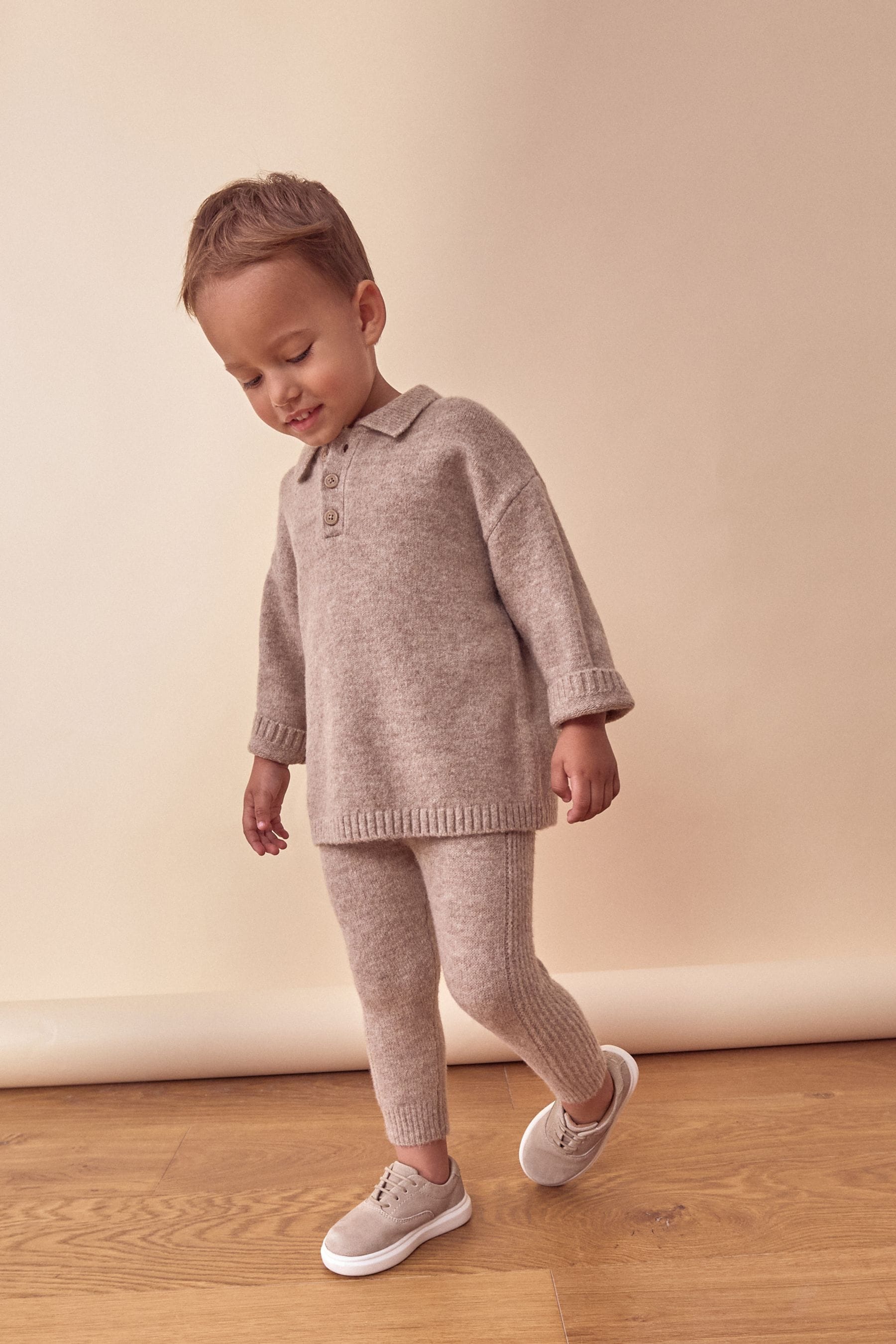 Neutral Knitted Long Sleeve Polo And Joggers Set (3mths-7yrs)