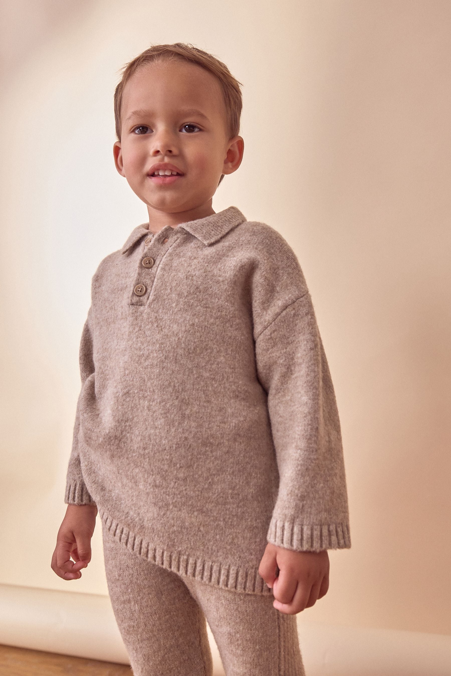 Neutral Knitted Long Sleeve Polo And Joggers Set (3mths-7yrs)