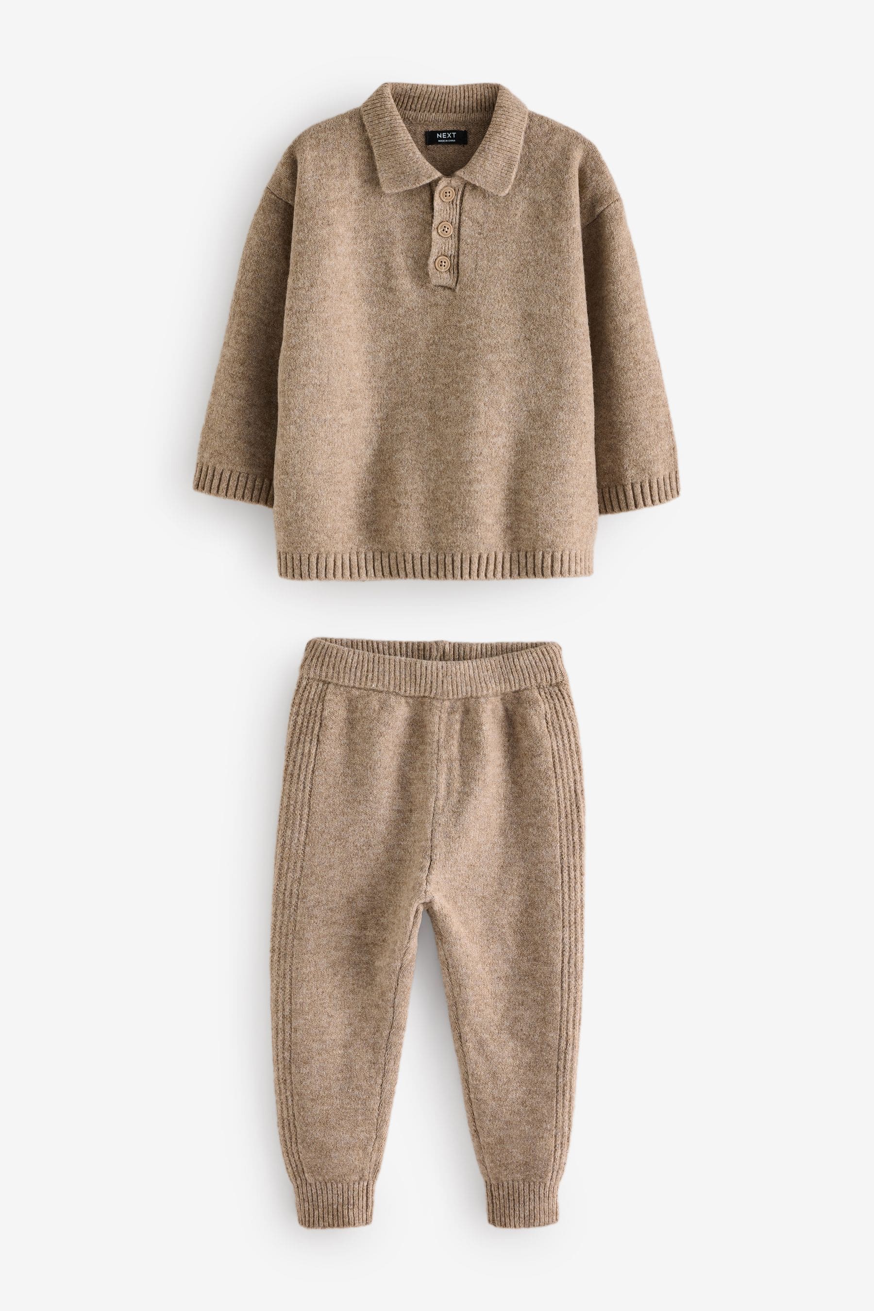 Neutral Knitted Long Sleeve Polo And Joggers Set (3mths-7yrs)