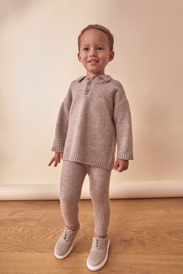 Neutral Knitted Long Sleeve Polo And Joggers Set (3mths-7yrs)