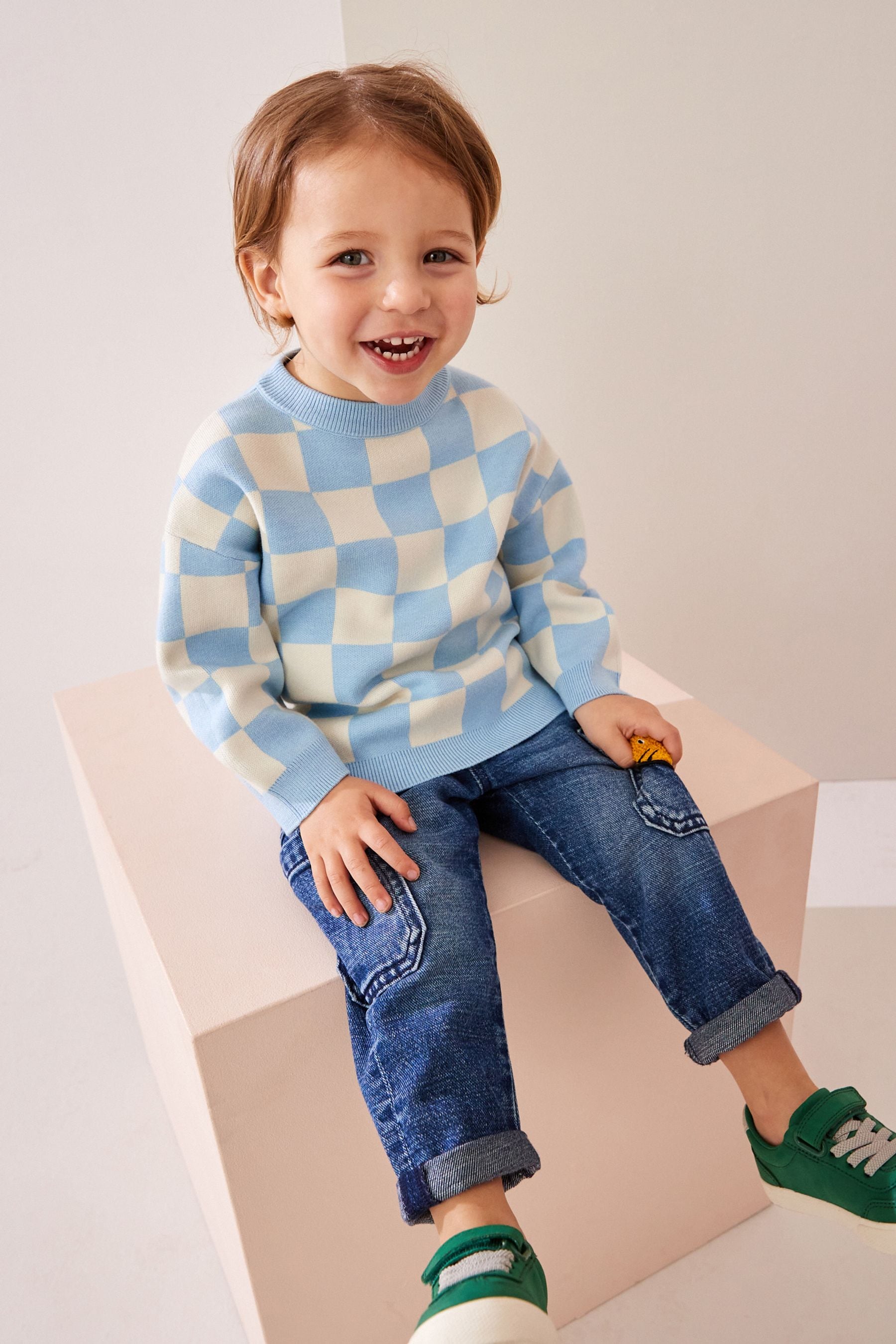 Blue Checkerboard Crew Neck Knitted Jumper (3mths-7yrs)