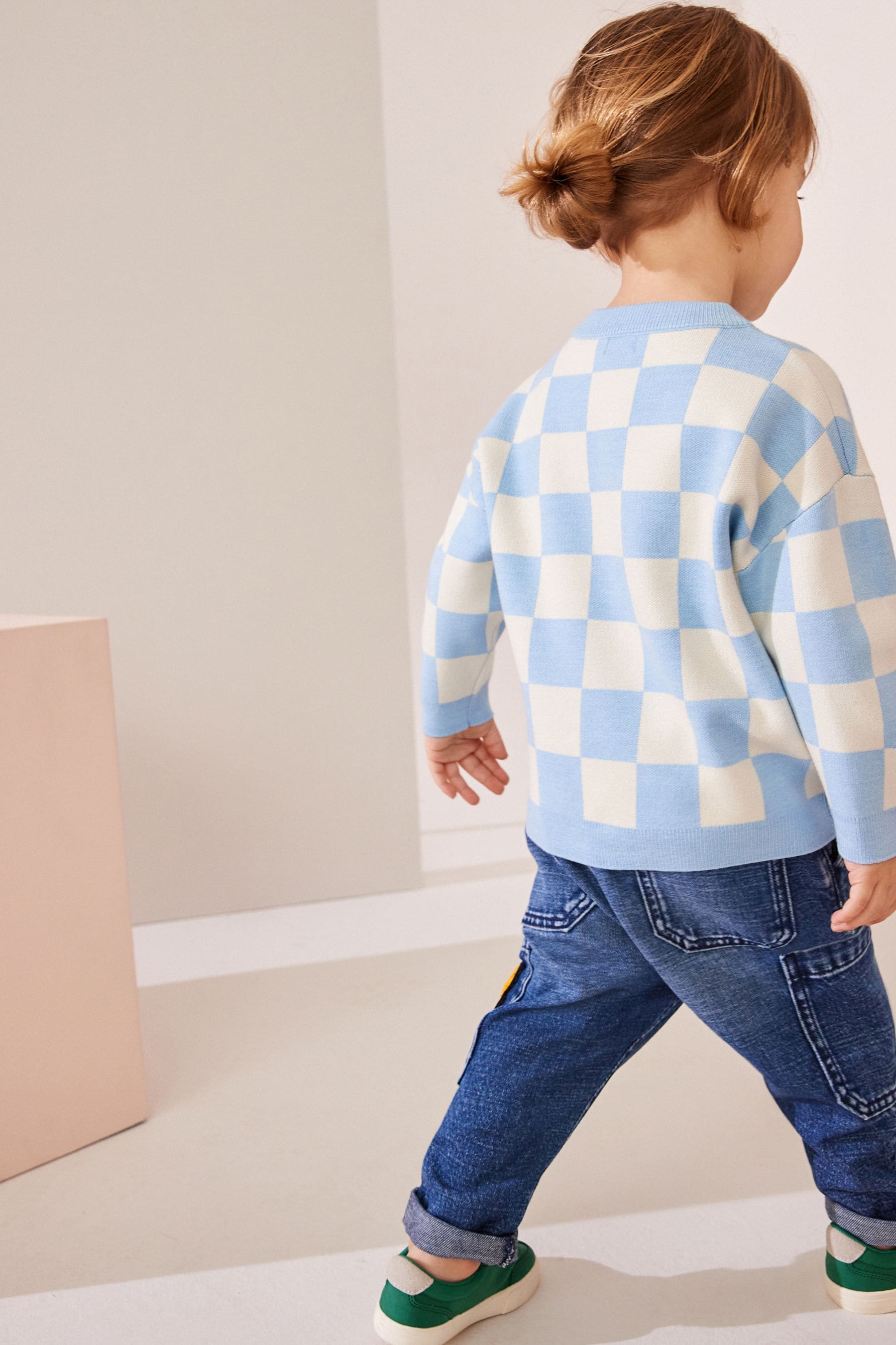 Blue Checkerboard Crew Neck Knitted Jumper (3mths-7yrs)