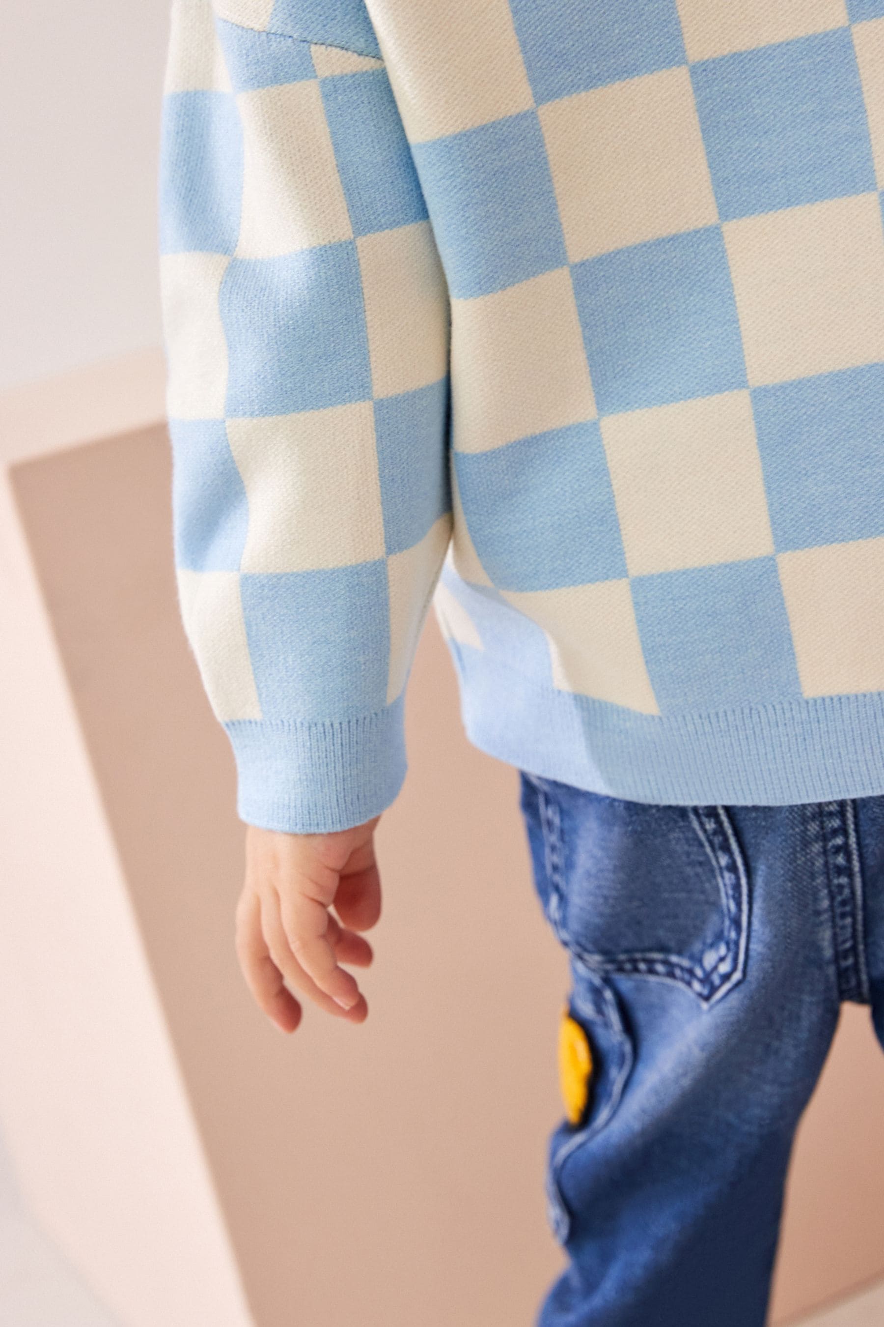 Blue Checkerboard Crew Neck Knitted Jumper (3mths-7yrs)