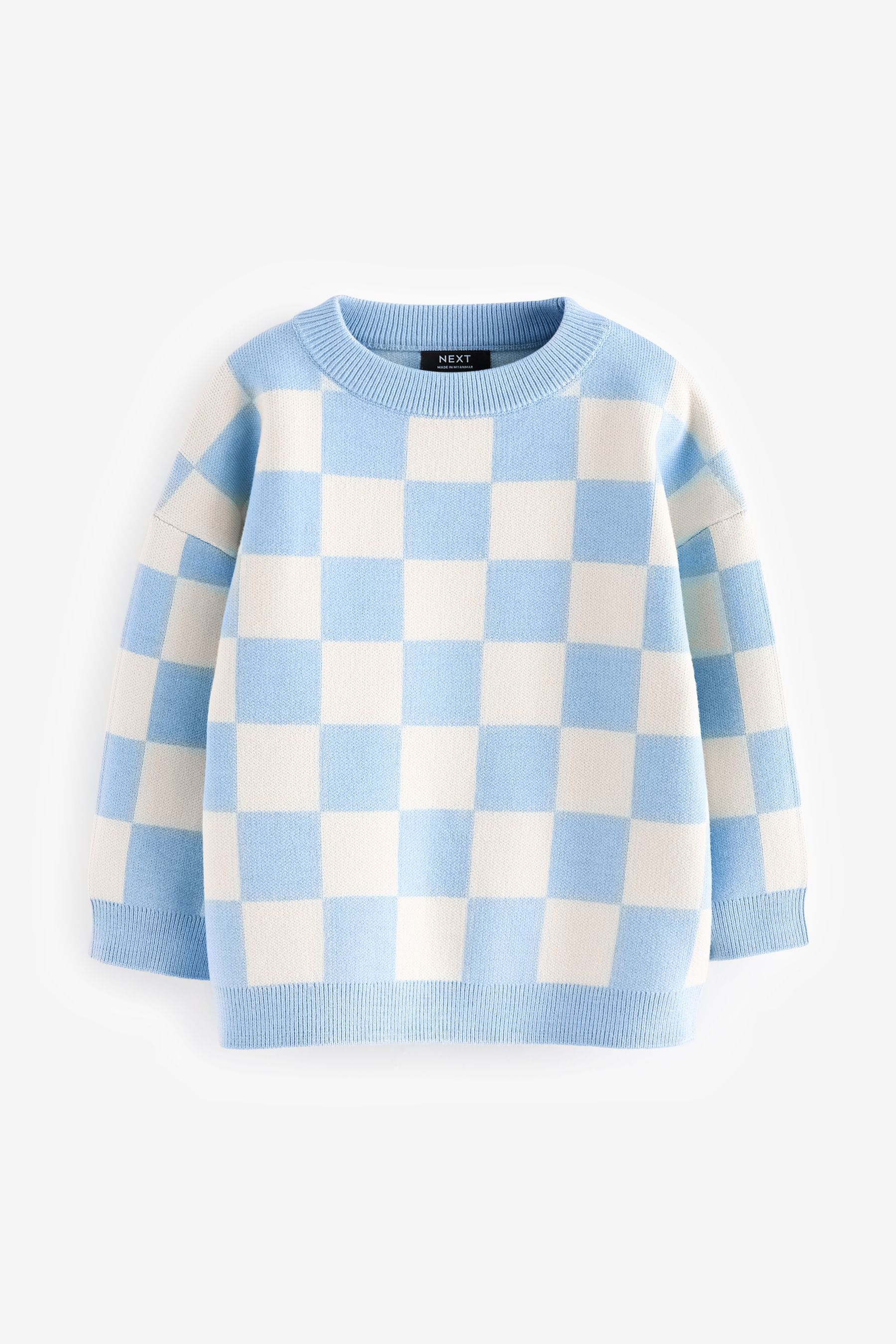 Blue Checkerboard Crew Neck Knitted Jumper (3mths-7yrs)