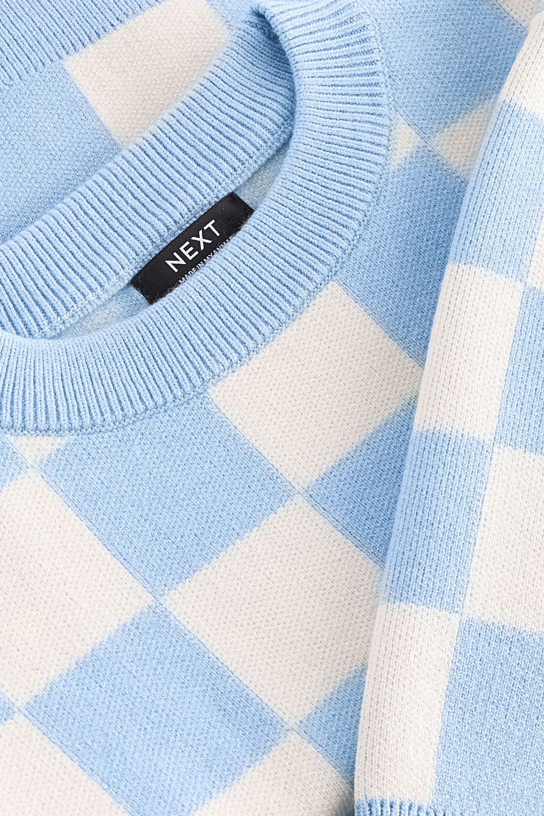 Blue Checkerboard Crew Neck Knitted Jumper (3mths-7yrs)