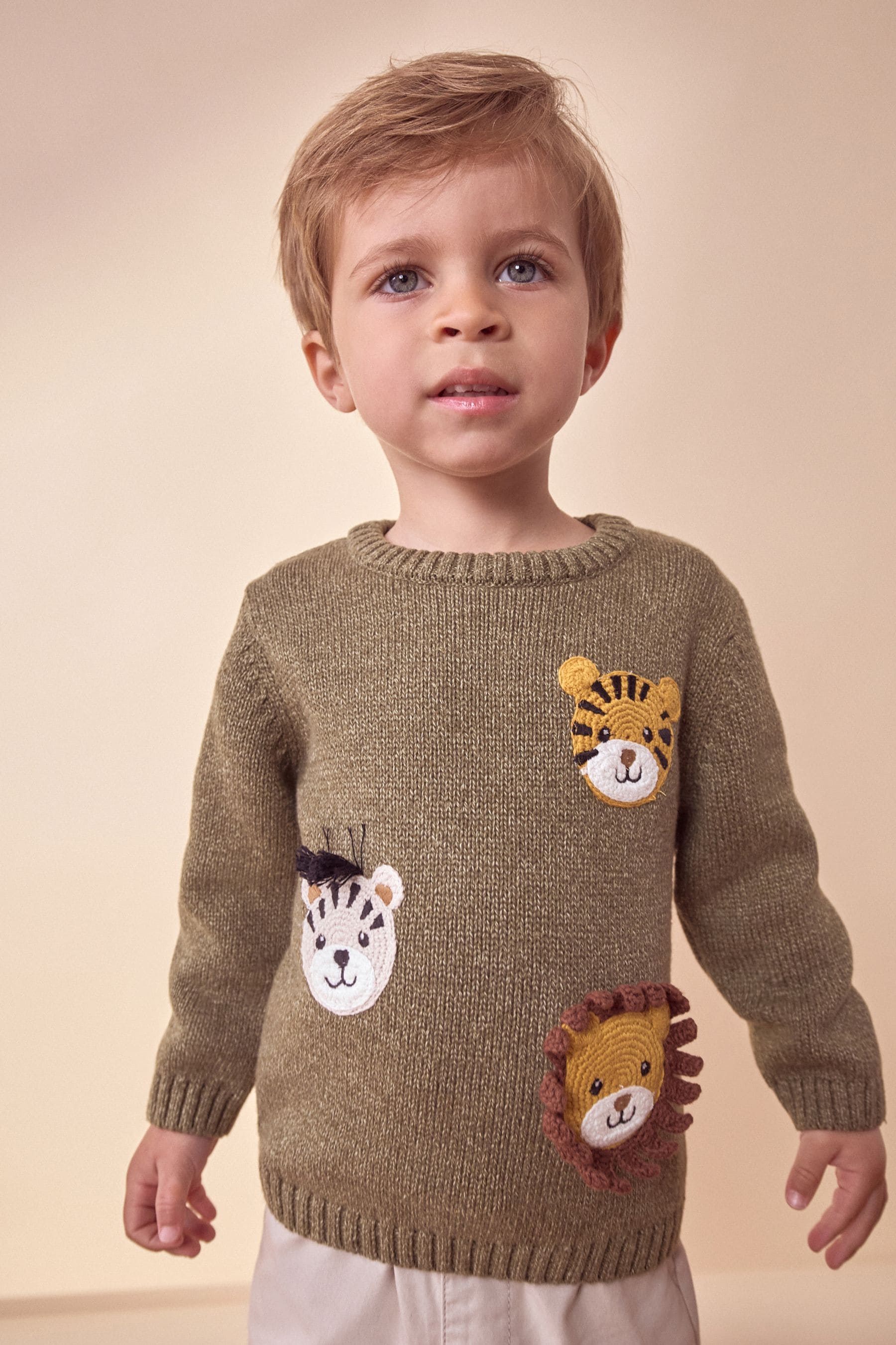 Khaki Green Safari Animals Crew Neck Knitted 100% Cotton Jumper (3mths-7yrs)