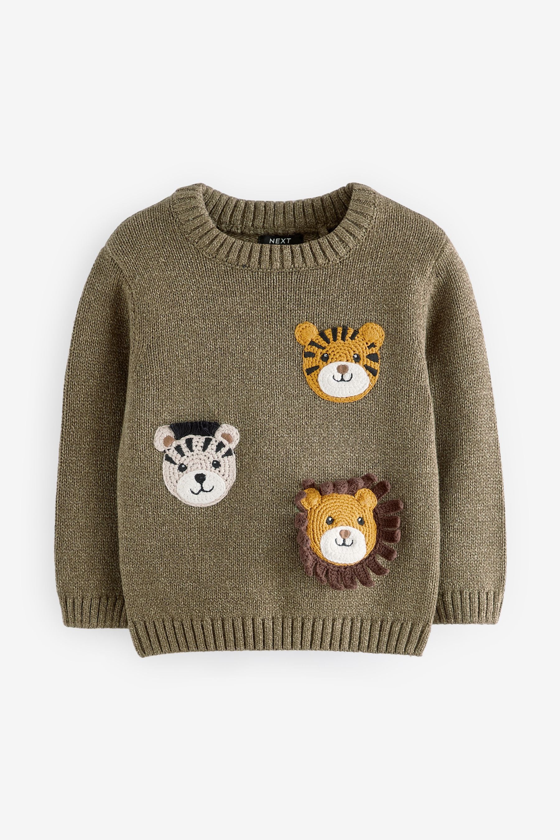 Khaki Green Safari Animals Crew Neck Knitted 100% Cotton Jumper (3mths-7yrs)