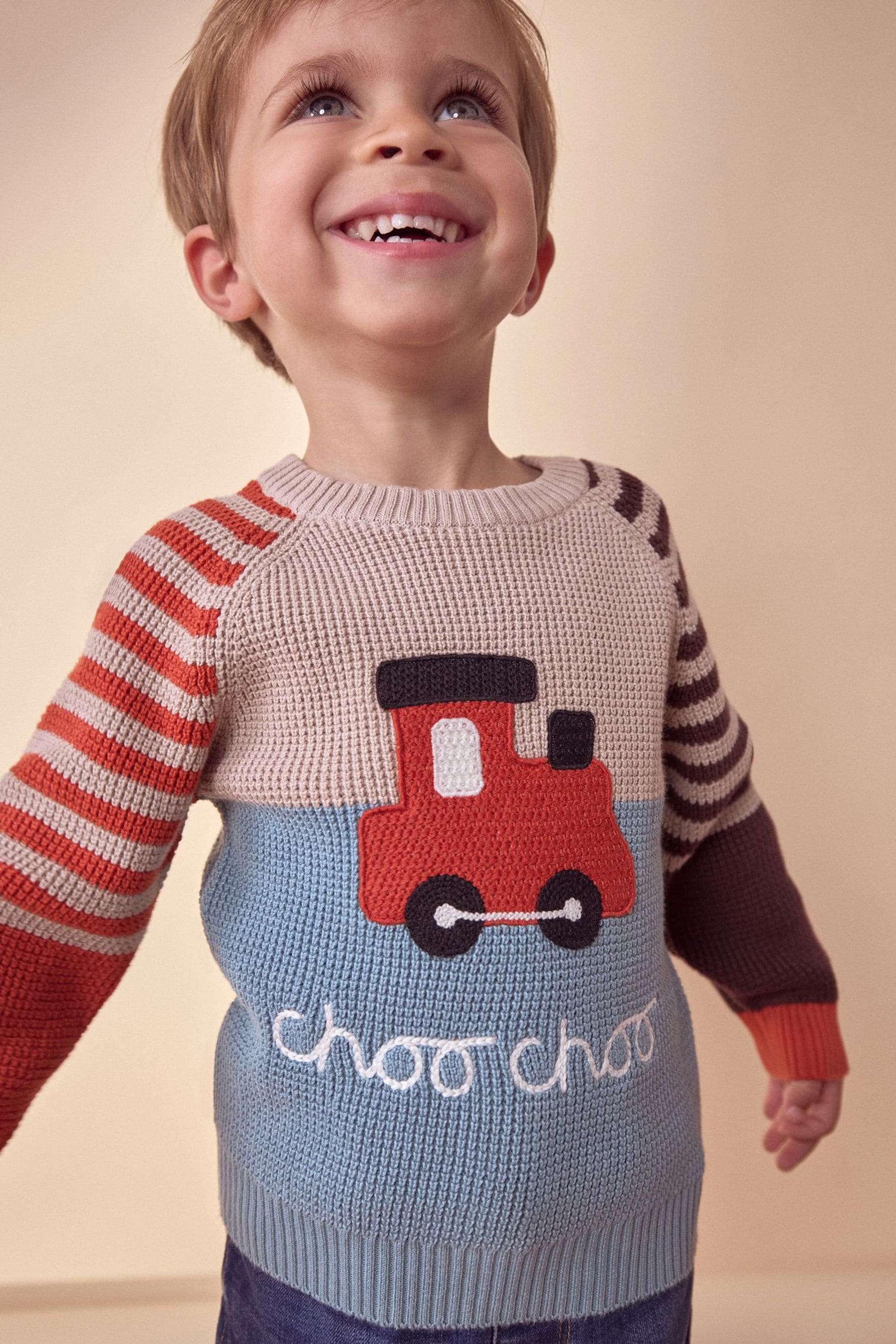 Blue/Neutral Train Knitted 100% Cotton Crew Neck Jumper (3mths-7yrs)