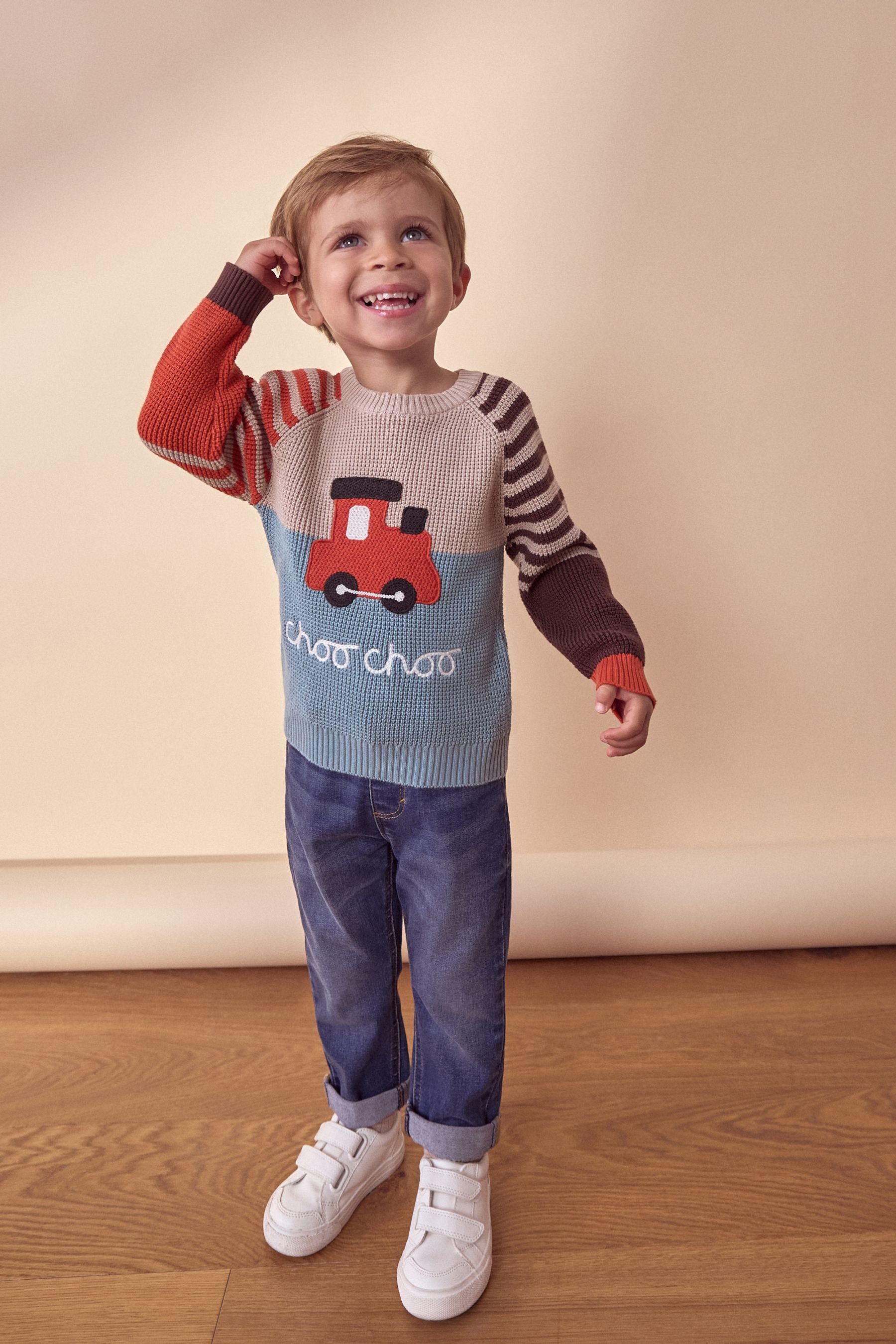 Blue/Neutral Train Knitted Crew Neck Jumper (3mths-7yrs)