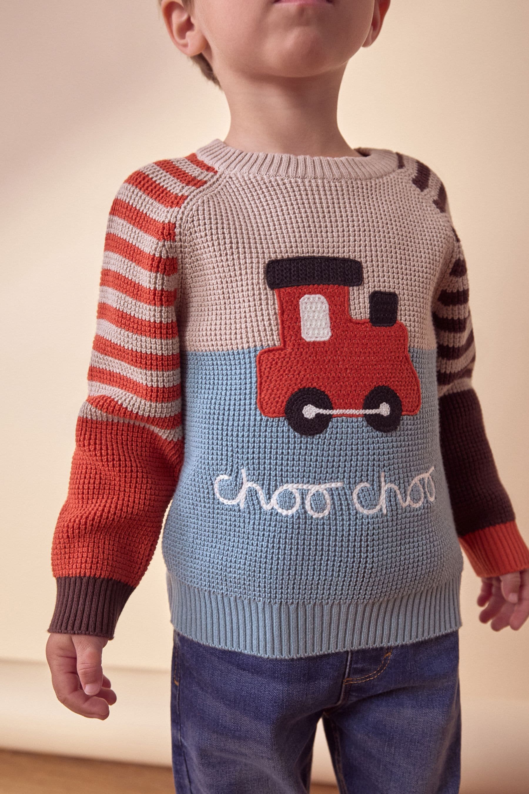 Blue/Neutral Train Knitted Crew Neck Jumper (3mths-7yrs)