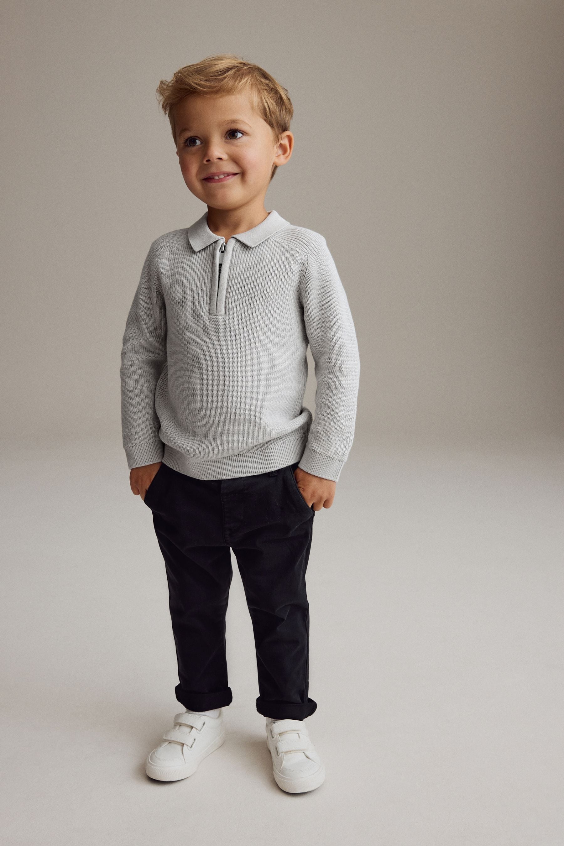 Light Grey Long Sleeve Quarter Zip Knitted Polo Shirt (3mths-7yrs)