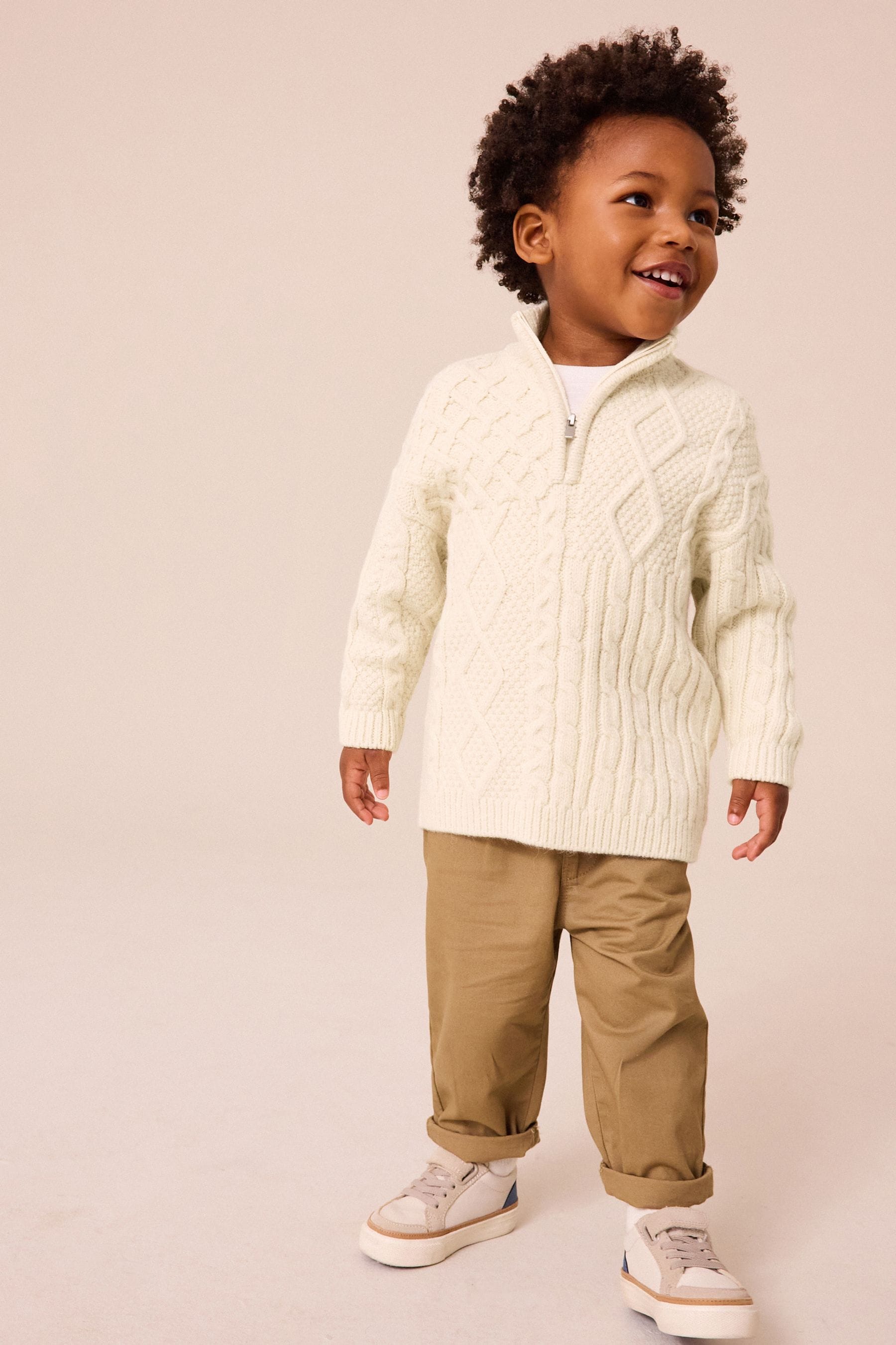 Ecru Cable Knit Zip Neck Jumper (3mths-7yrs)