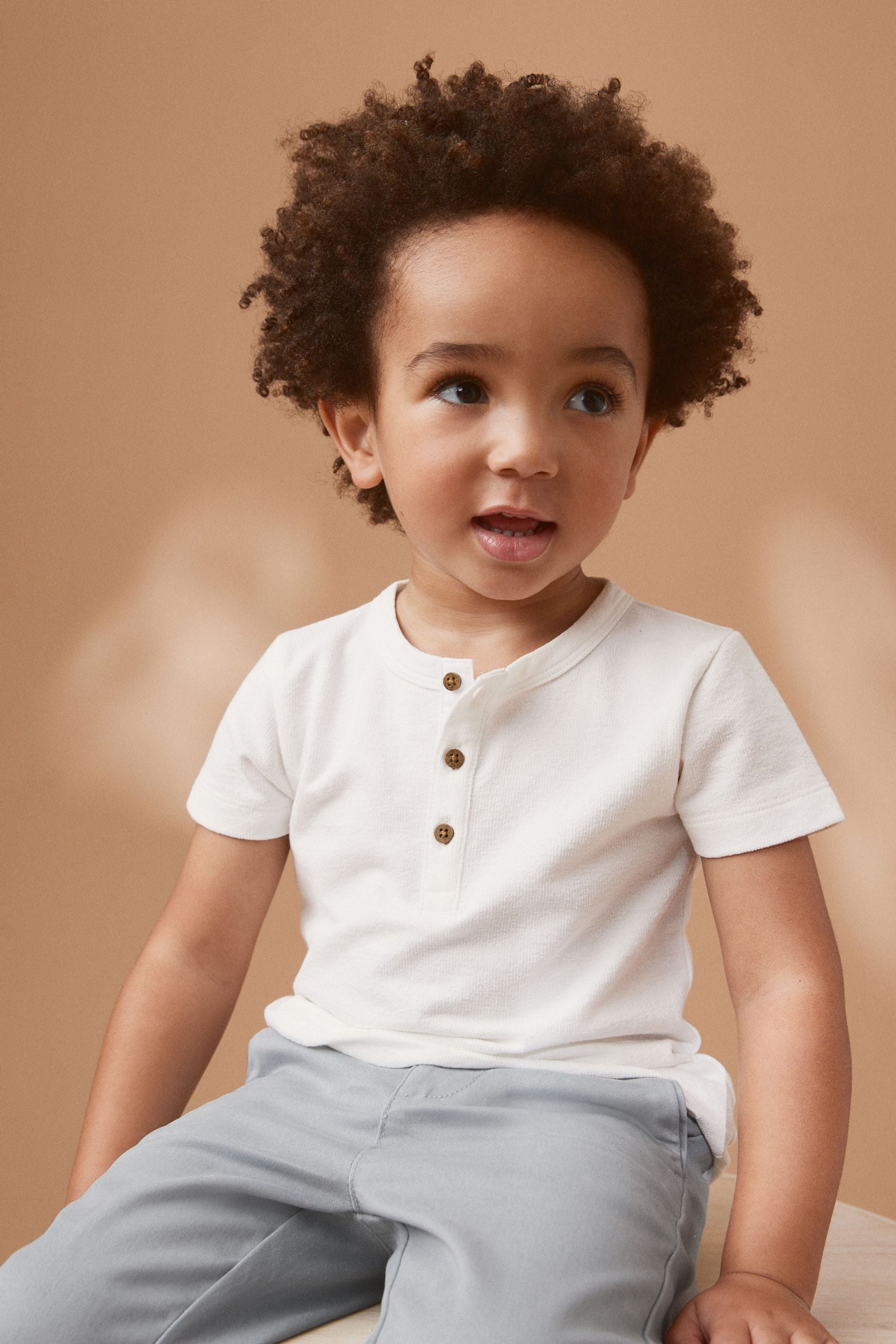 White Short Sleeve Henley Neck T-Shirt (3mths-7yrs)