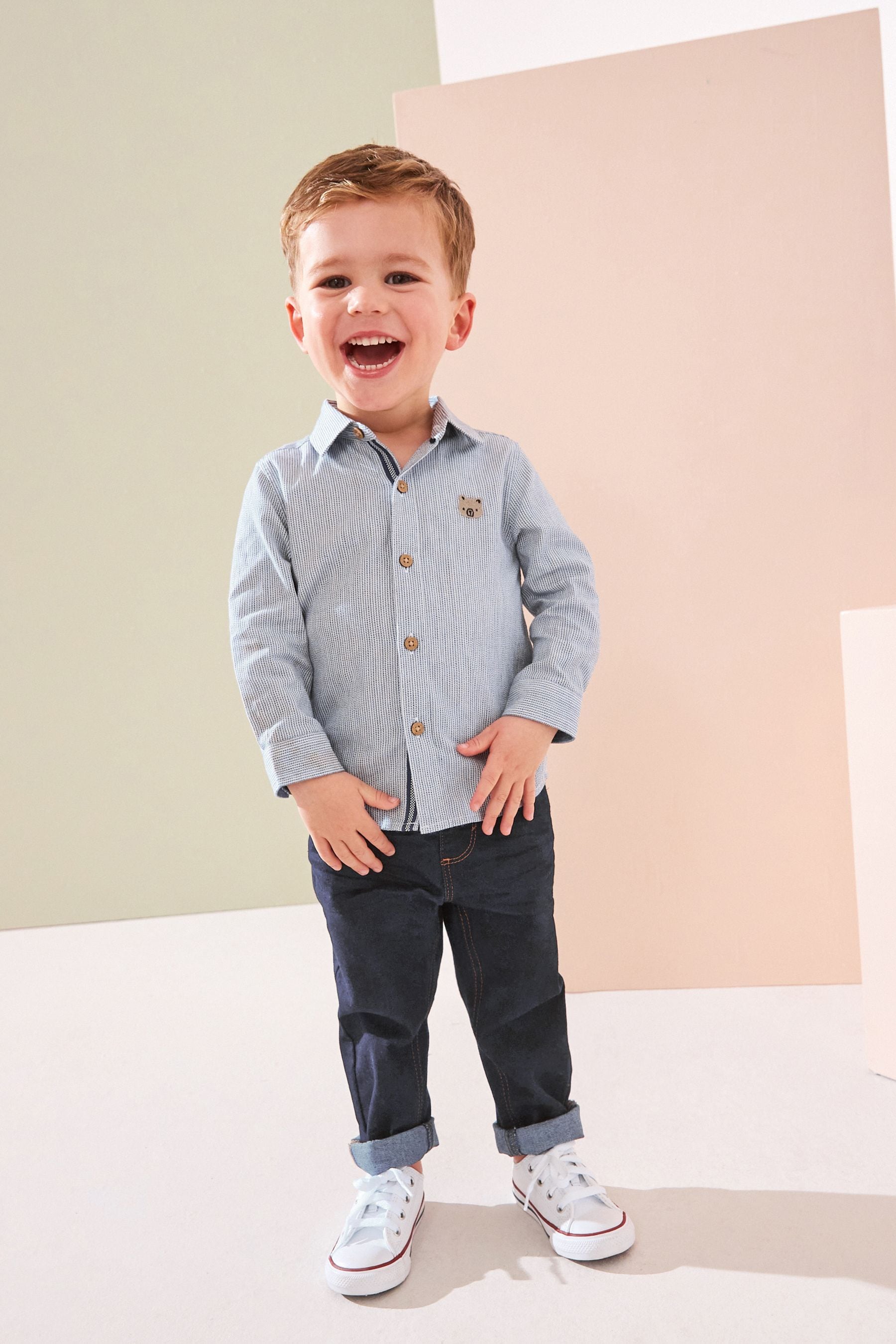 Grey Stripe Character Long Sleeve Oxford Shirt (3mths-7yrs)