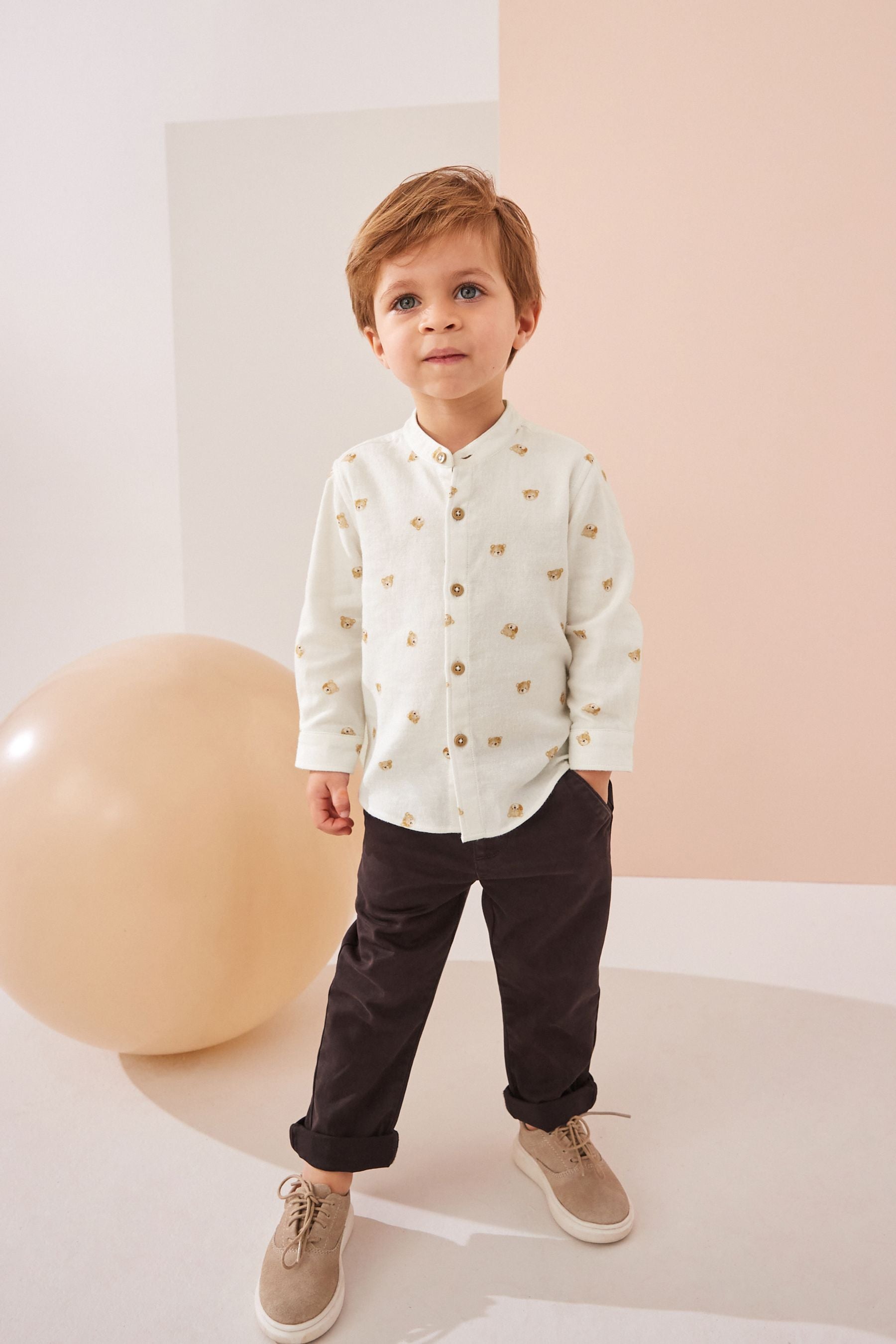 White Bear AOP 100% Cotton Long Sleeve Grandad Collar Printed Shirt (3mths-7yrs)