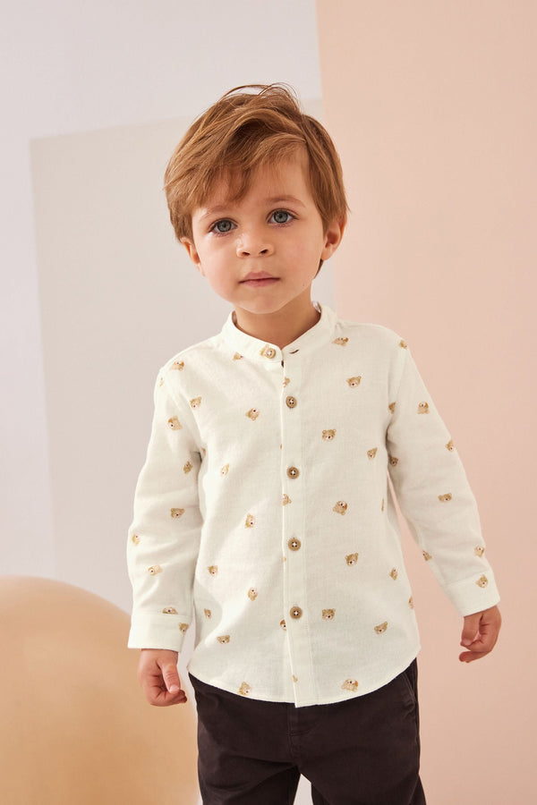 White Bear AOP 100% Cotton Long Sleeve Grandad Collar Printed Shirt (3mths-7yrs)