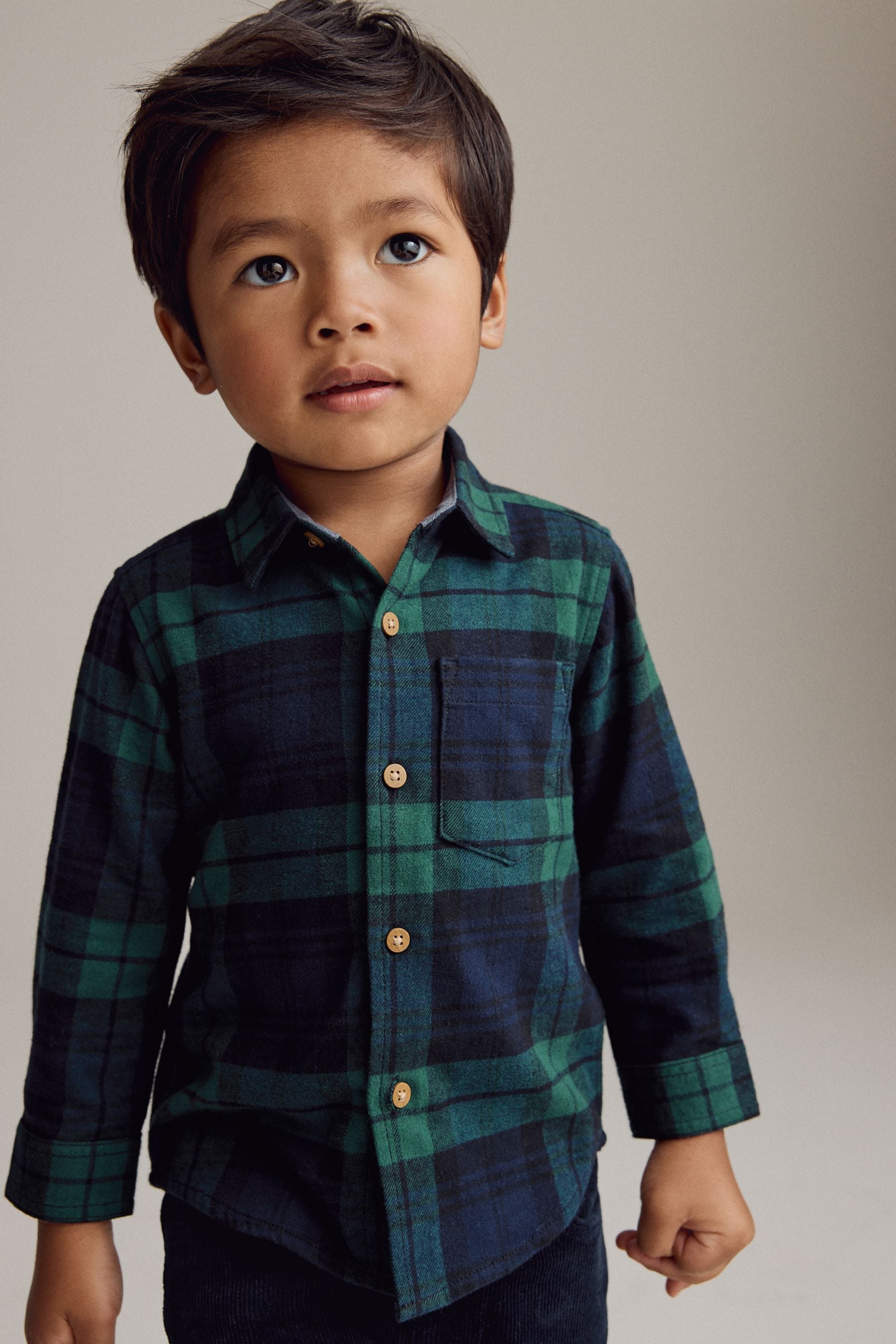 Green Tartan Check Plain Long Sleeve Check 100% Cotton Shirt (3mths-7yrs)