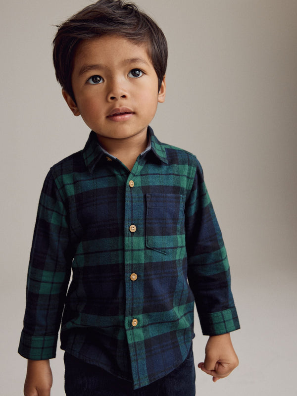 Green Tartan Check Plain Long Sleeve Check 100% Cotton Shirt (3mths-7yrs)