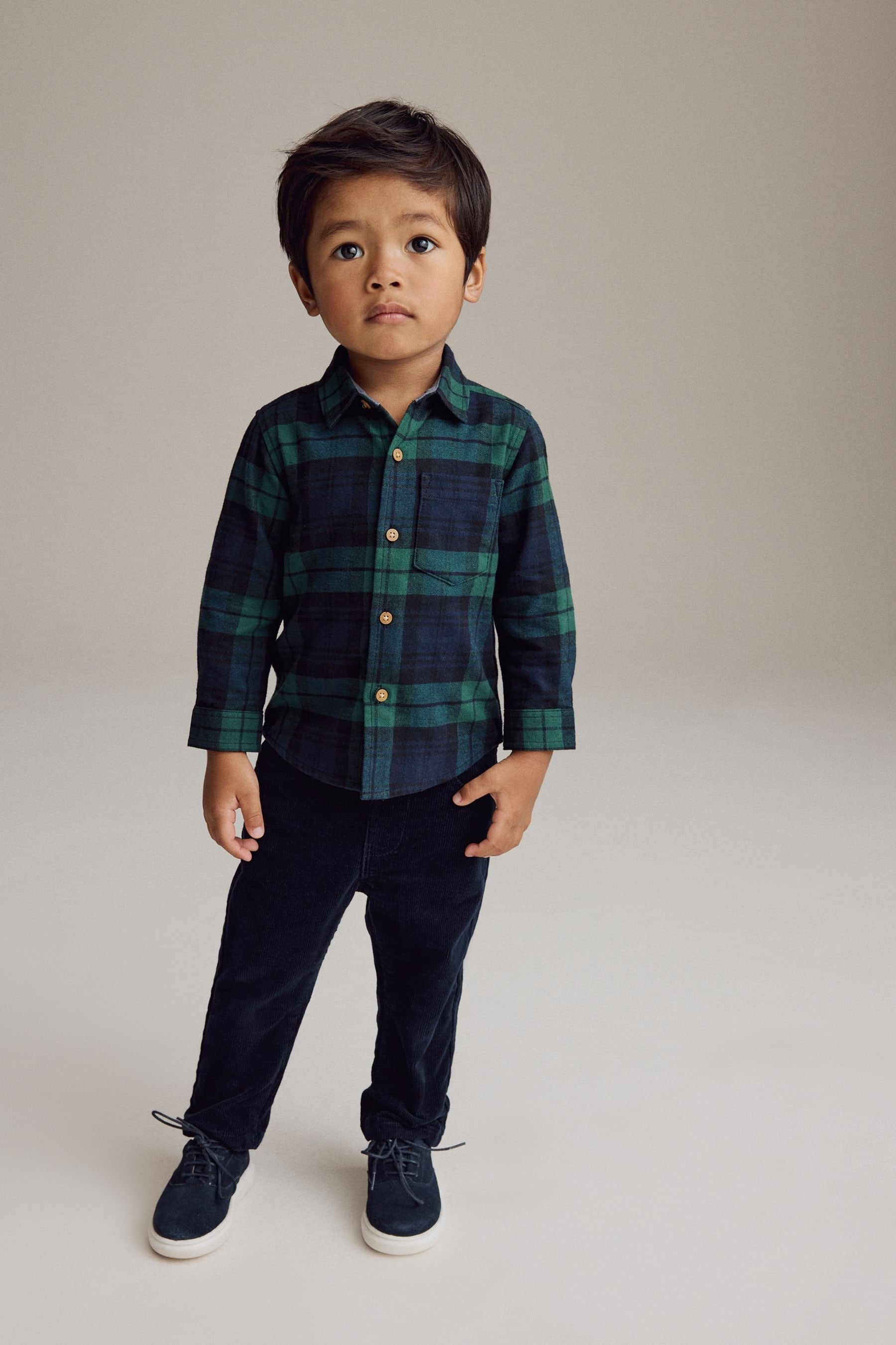 Green Tartan Check Plain Long Sleeve Check 100% Cotton Shirt (3mths-7yrs)