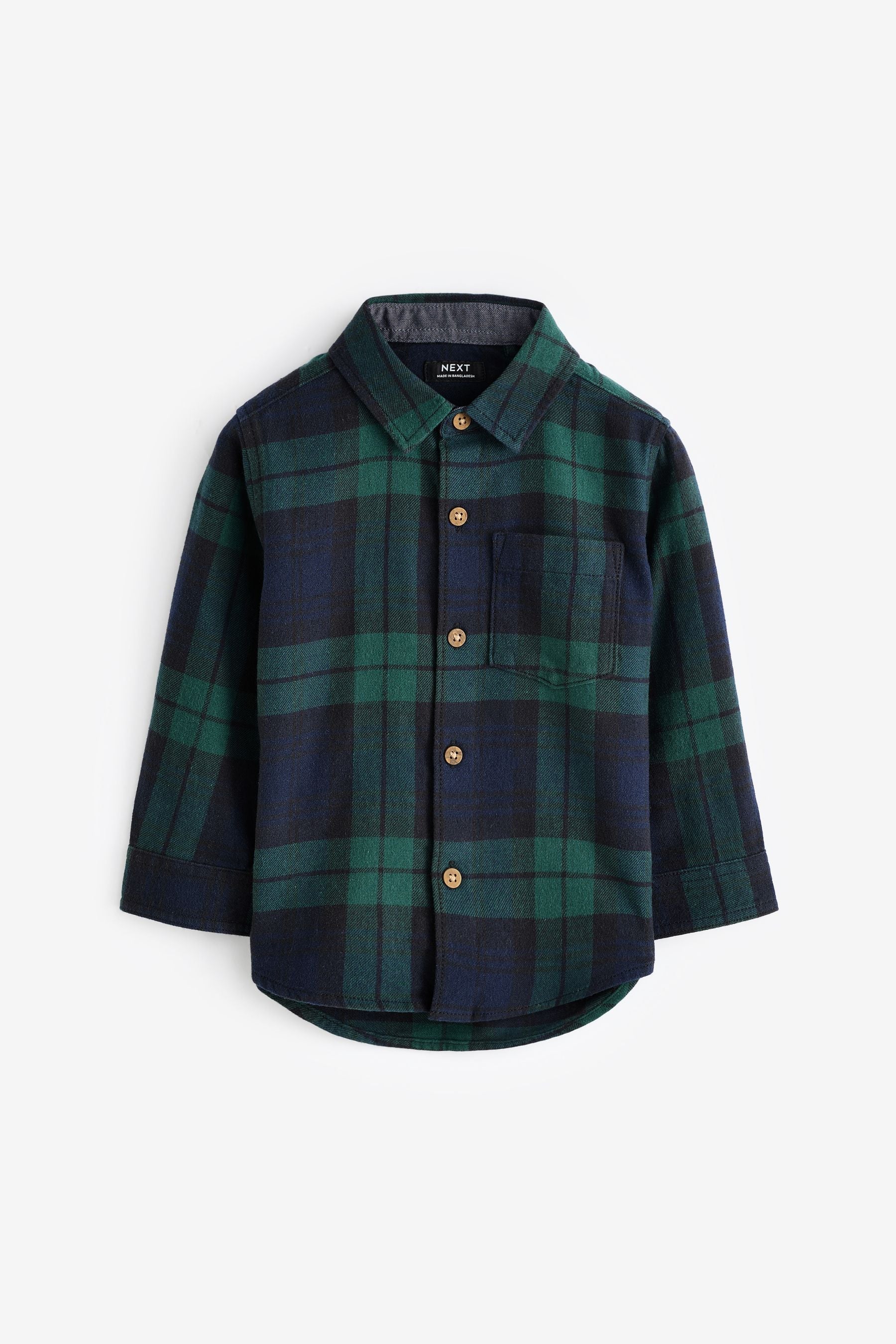 Green Tartan Check Plain Long Sleeve Check 100% Cotton Shirt (3mths-7yrs)