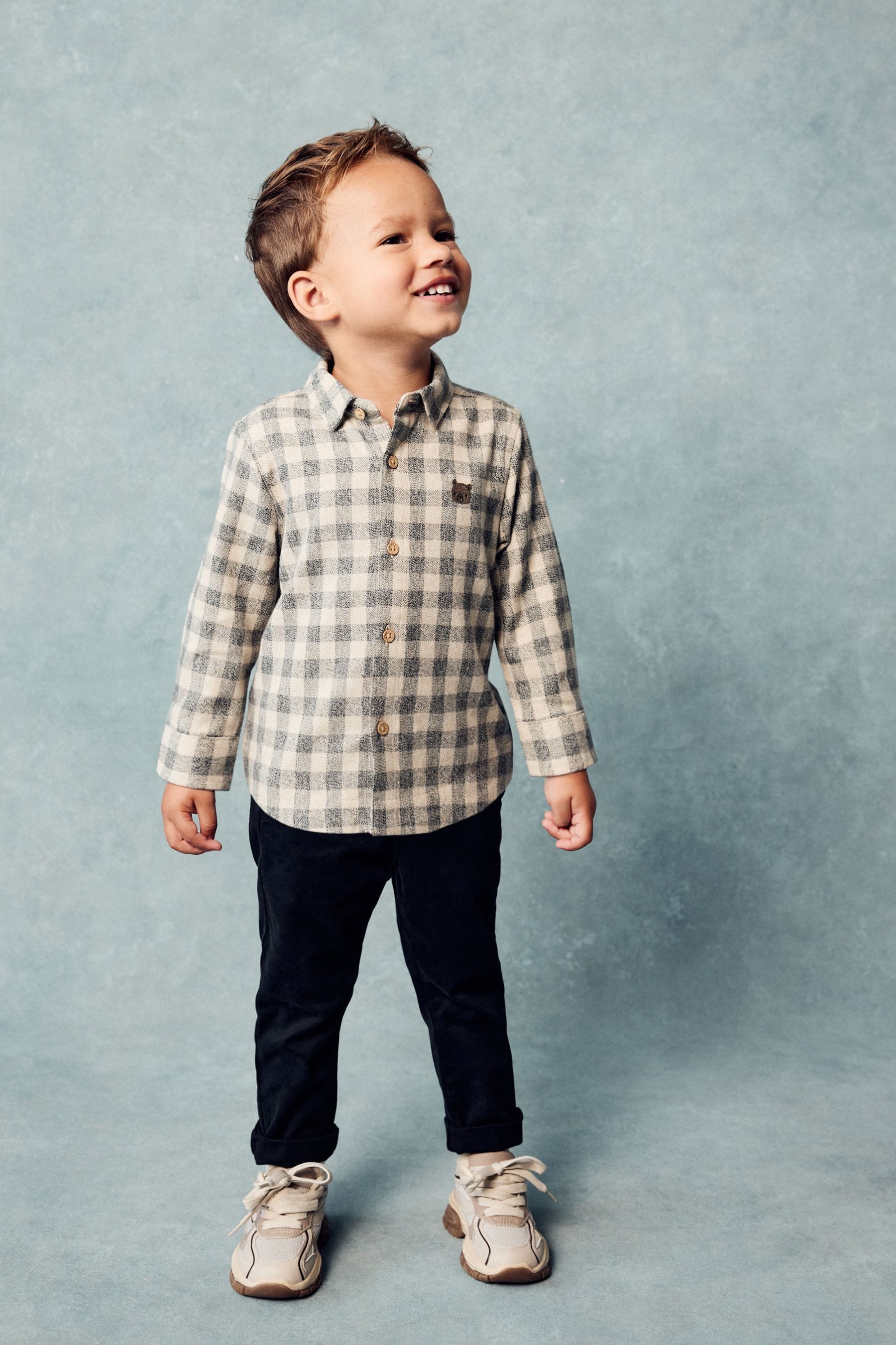 Neutral/Grey Scandi Check Character Long Sleeve Check 100% Cotton Shirt (3mths-7yrs)